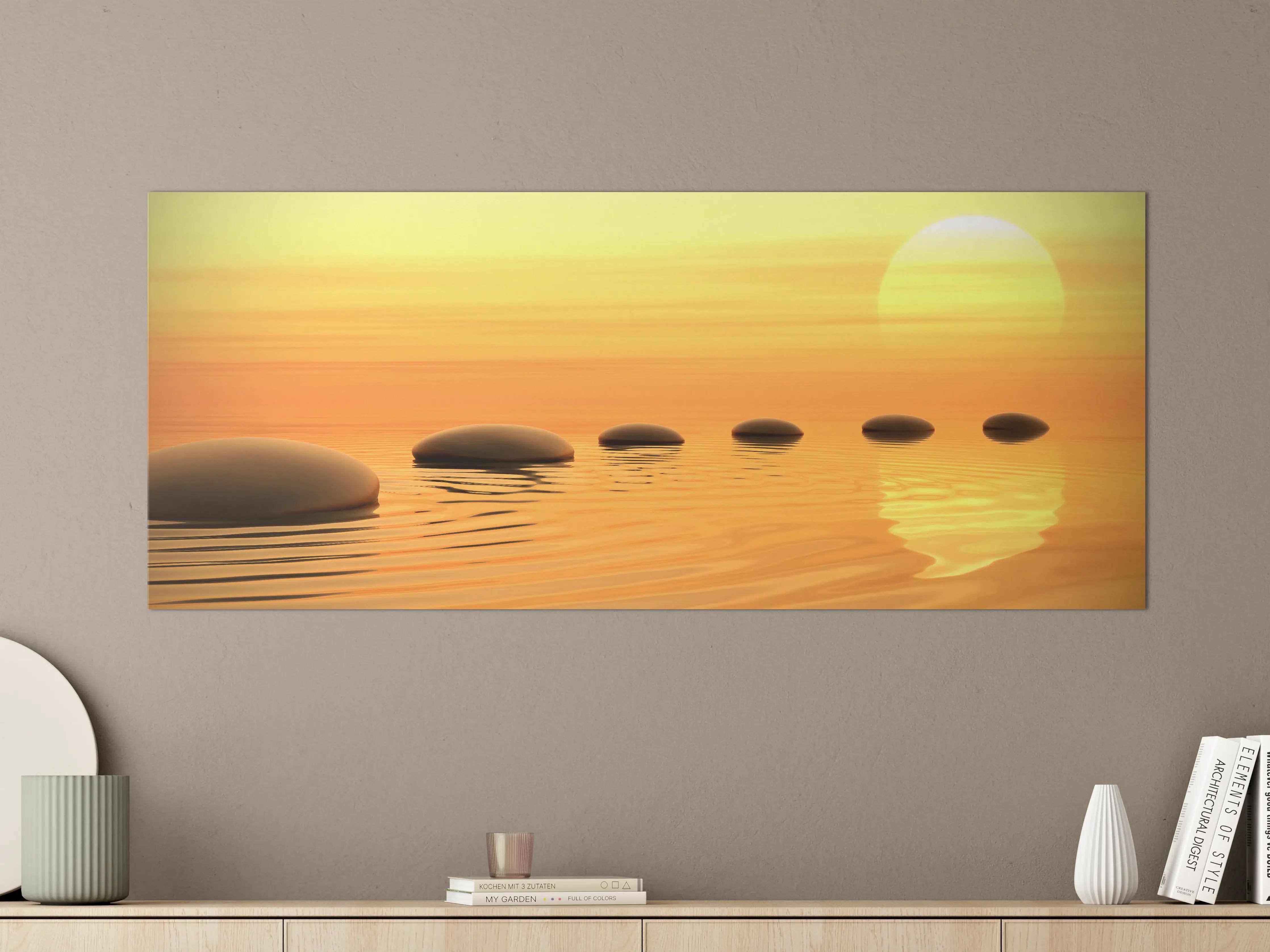 Große Wandbilder - Zen-Pfad aus Steinen bei endlosem Sonnenuntergang