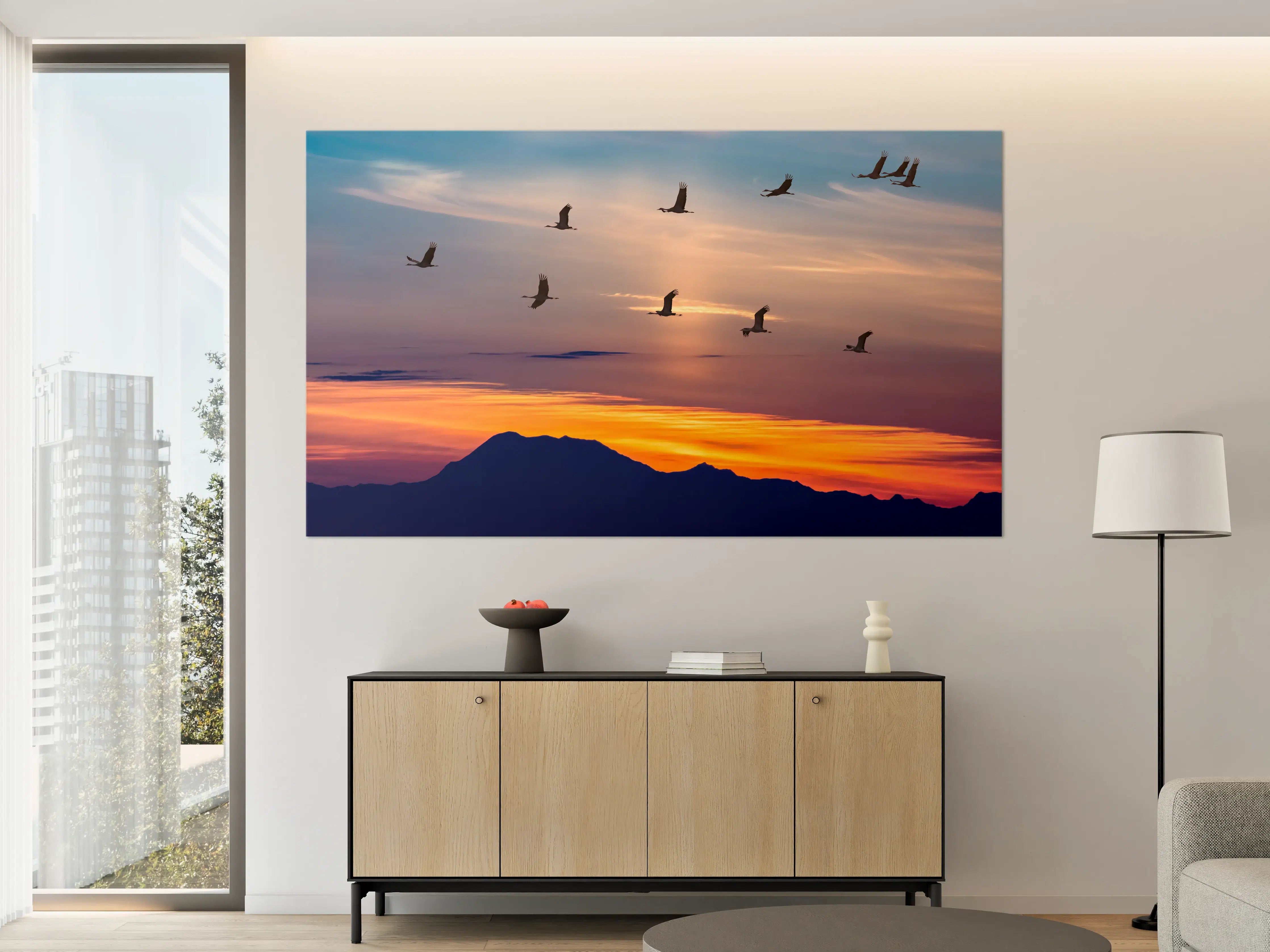 Große Wandbilder - Zugvögel fliegen bei Sonnenuntergang