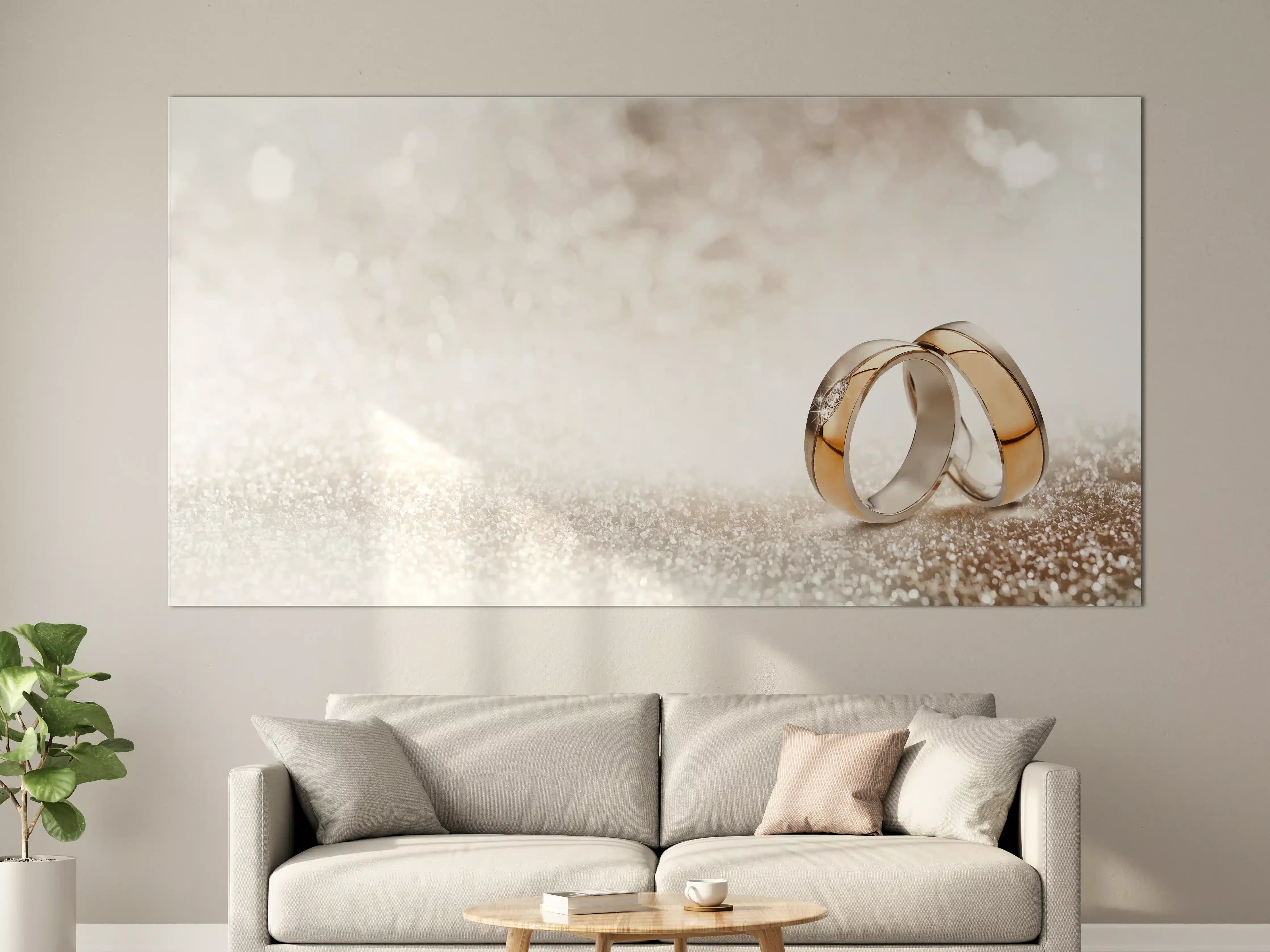 Große Wandbilder - Zwei goldene Eheringe mit Glitter Hintergrund