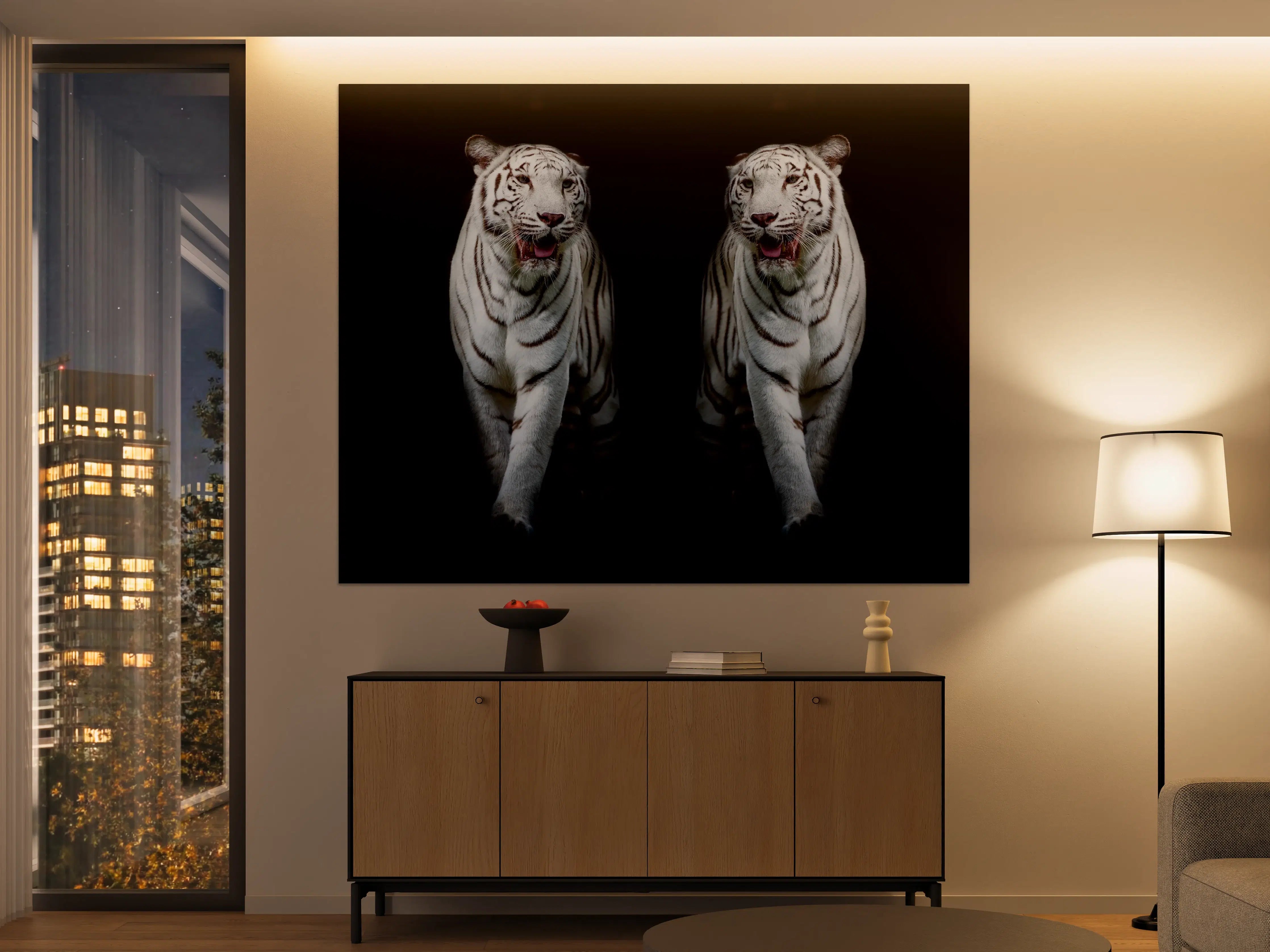 Große Wandbilder - Zwei weiße Tiger auf schwarzem Hintergrund