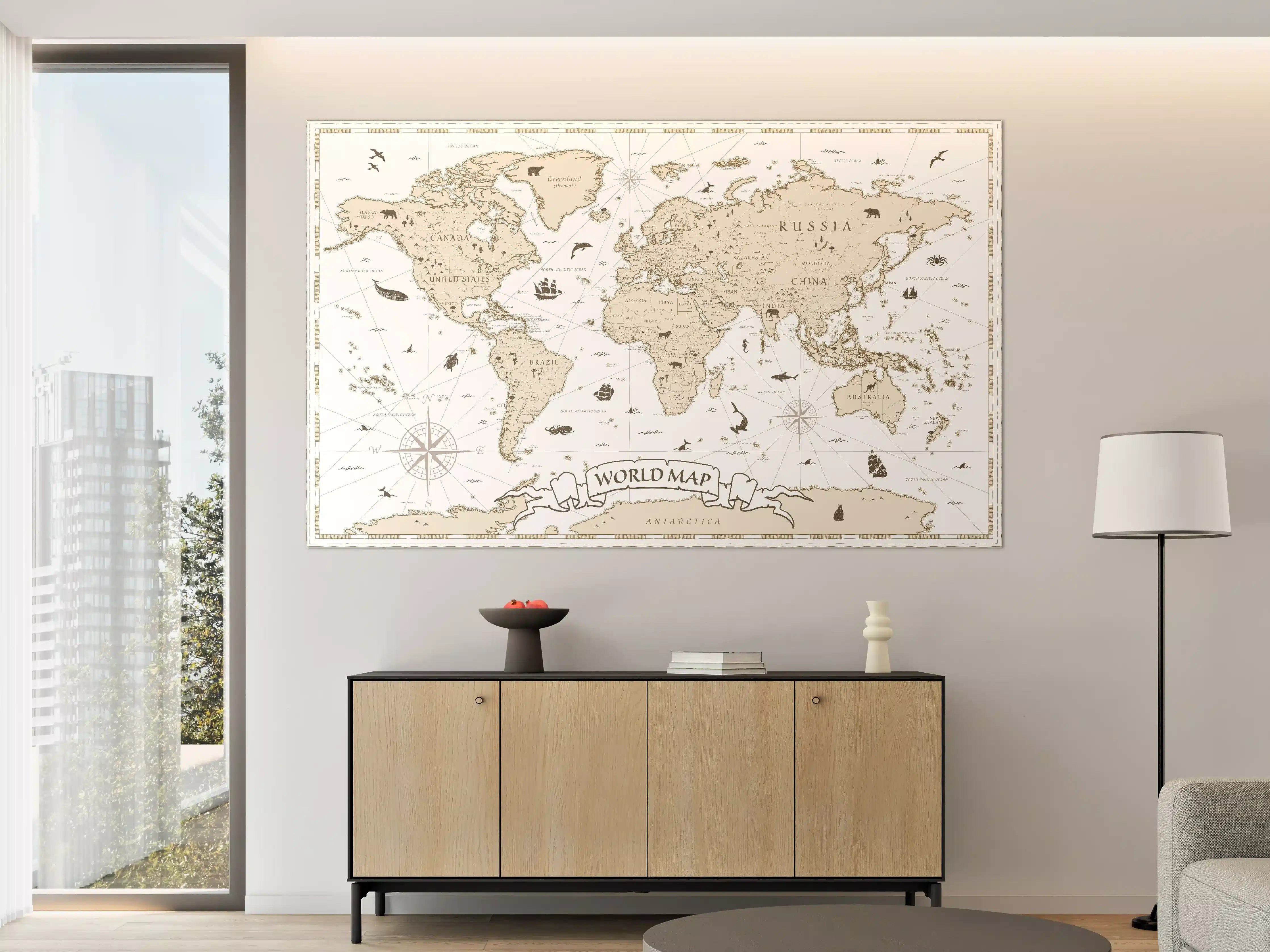 Große Wandbilder - "Sepia-Ton Weltkarte Poster mit sanften Grau- und Brauntönen"
