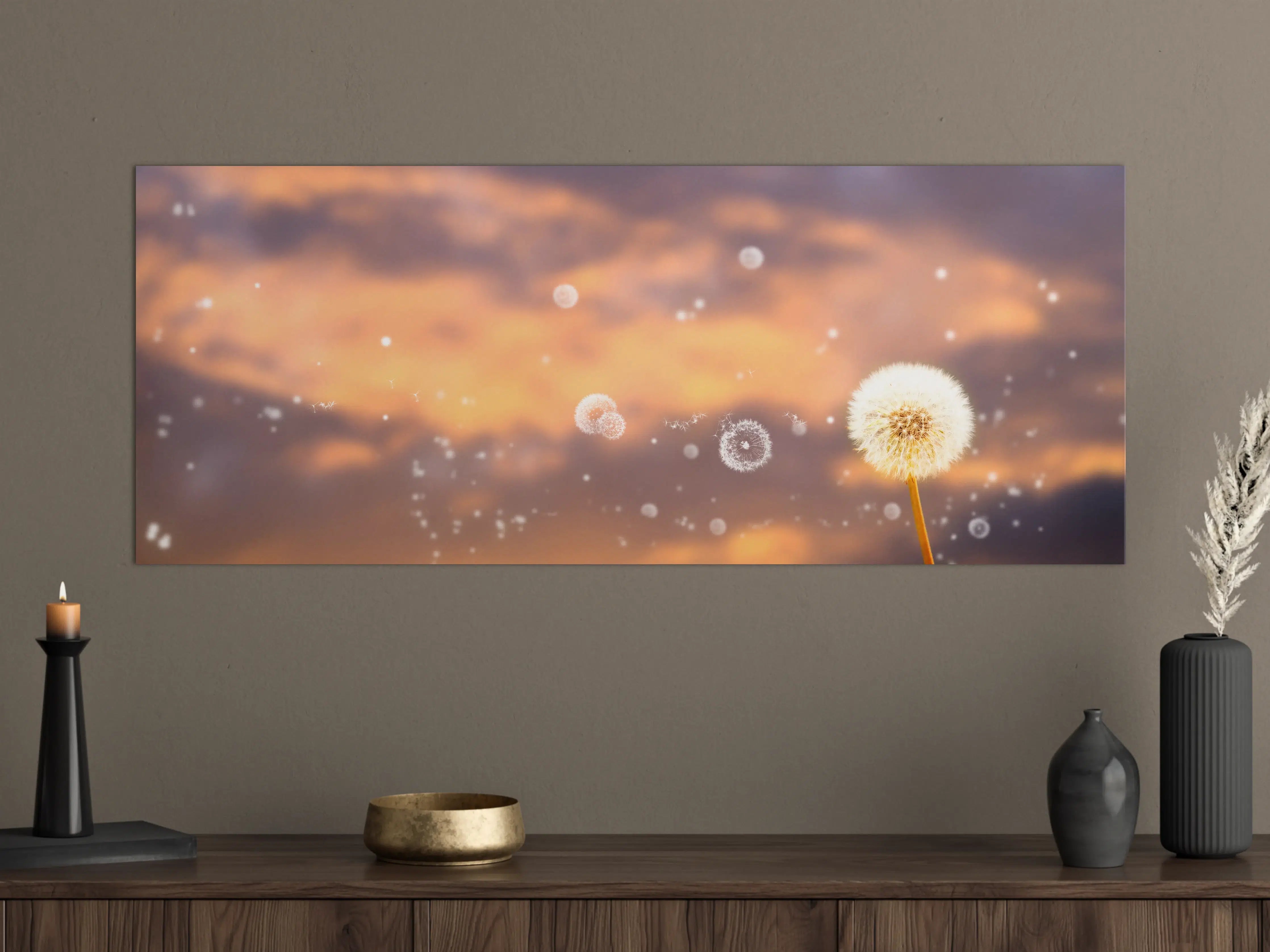 Große Wandbilder - blütenstaub von pusteblumen in der abendsonne