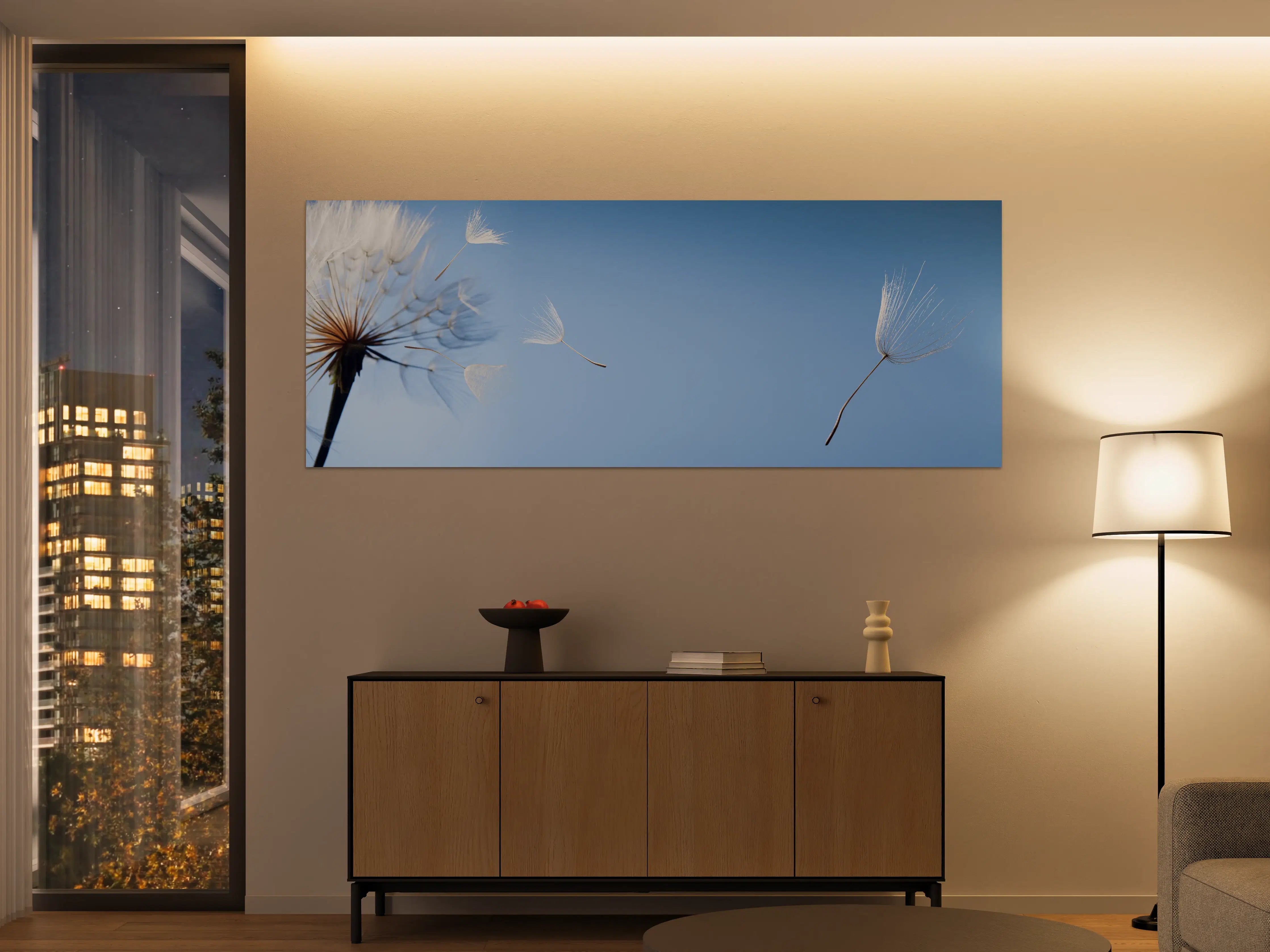 Große Wandbilder - fliegende Löwenzahnsamen im Wind