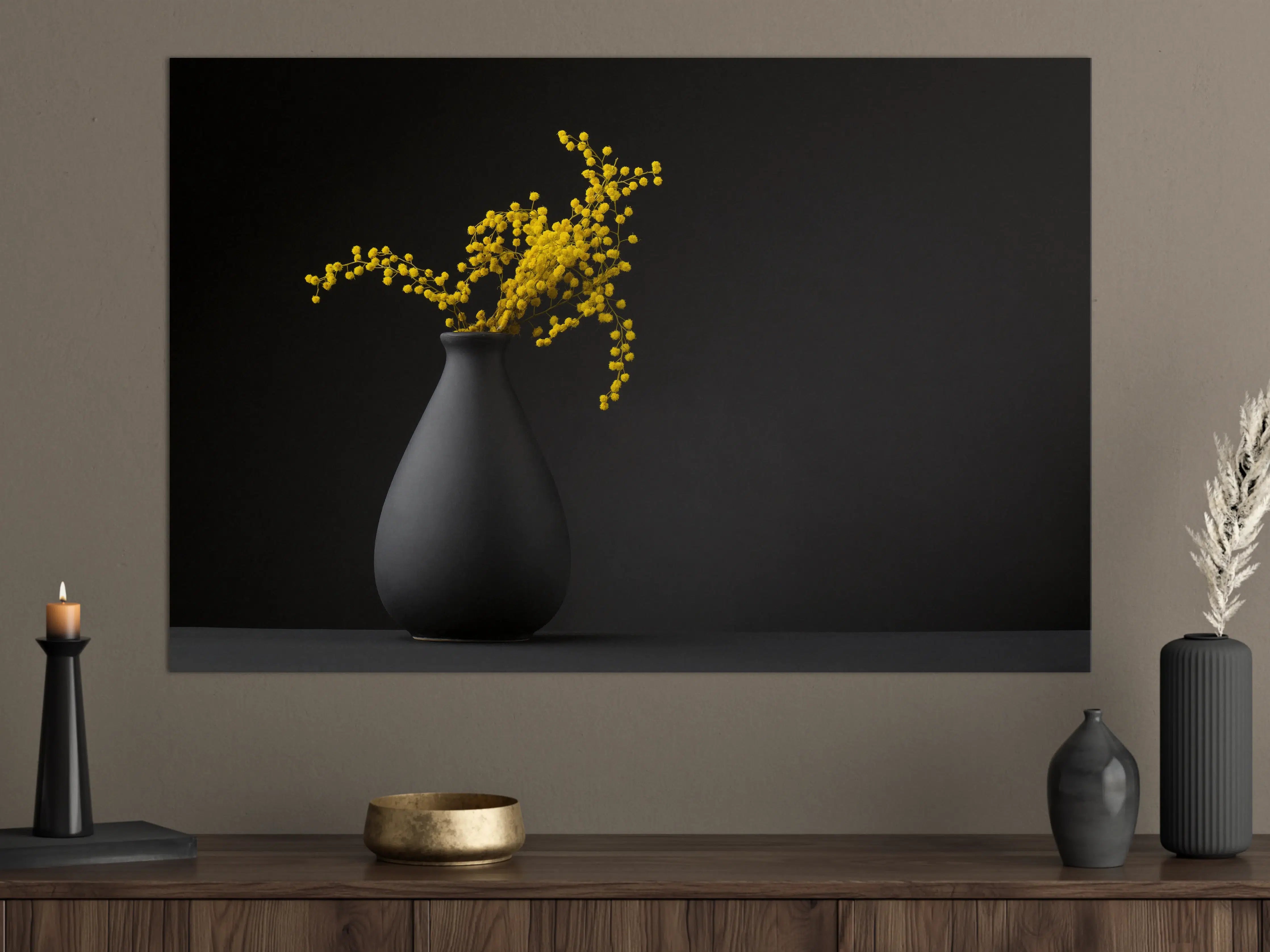 Große Wandbilder - gelbe Blume auf der gräulichen Vase