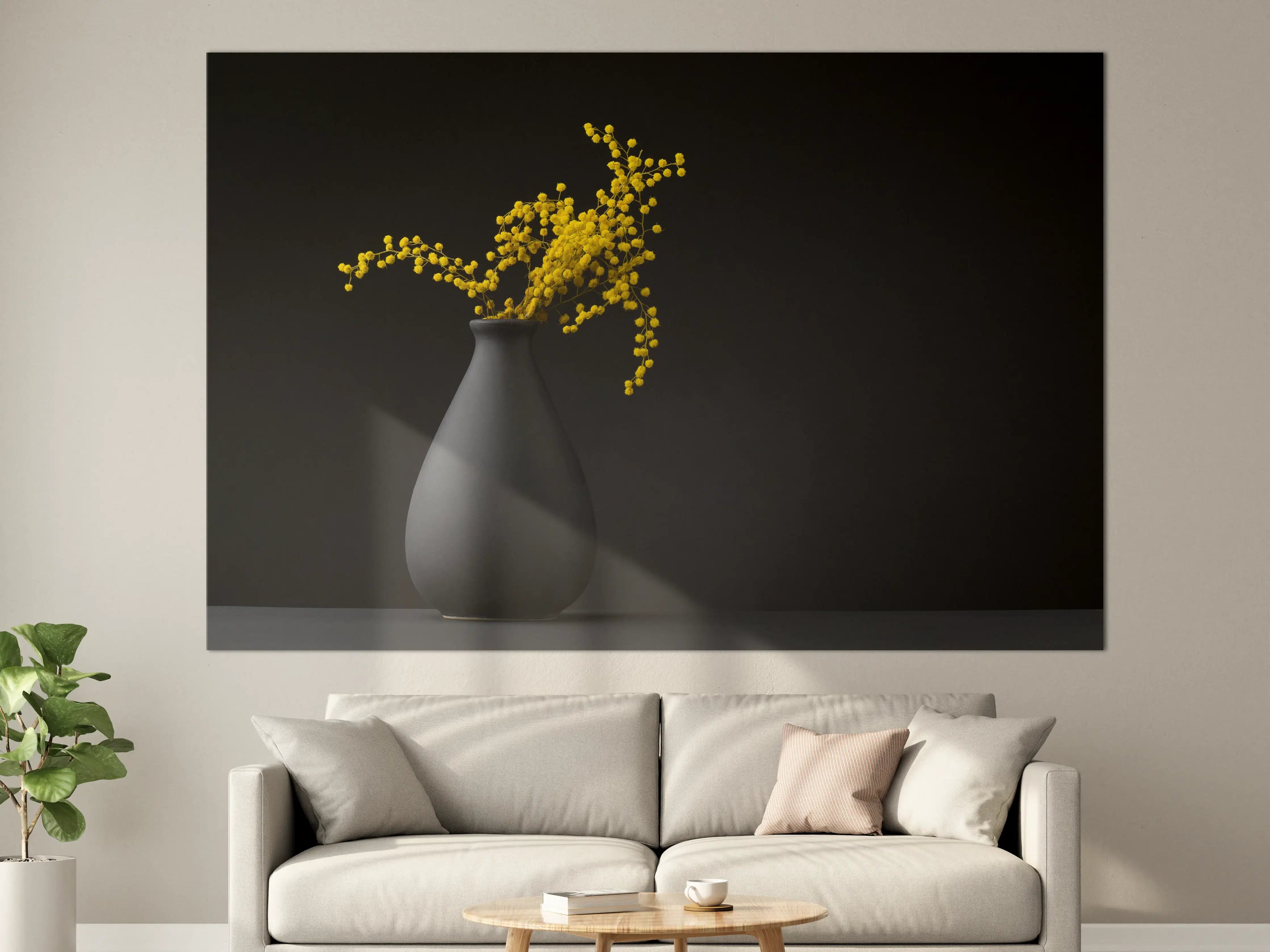 Große Wandbilder - gelbe Blume auf der gräulichen Vase