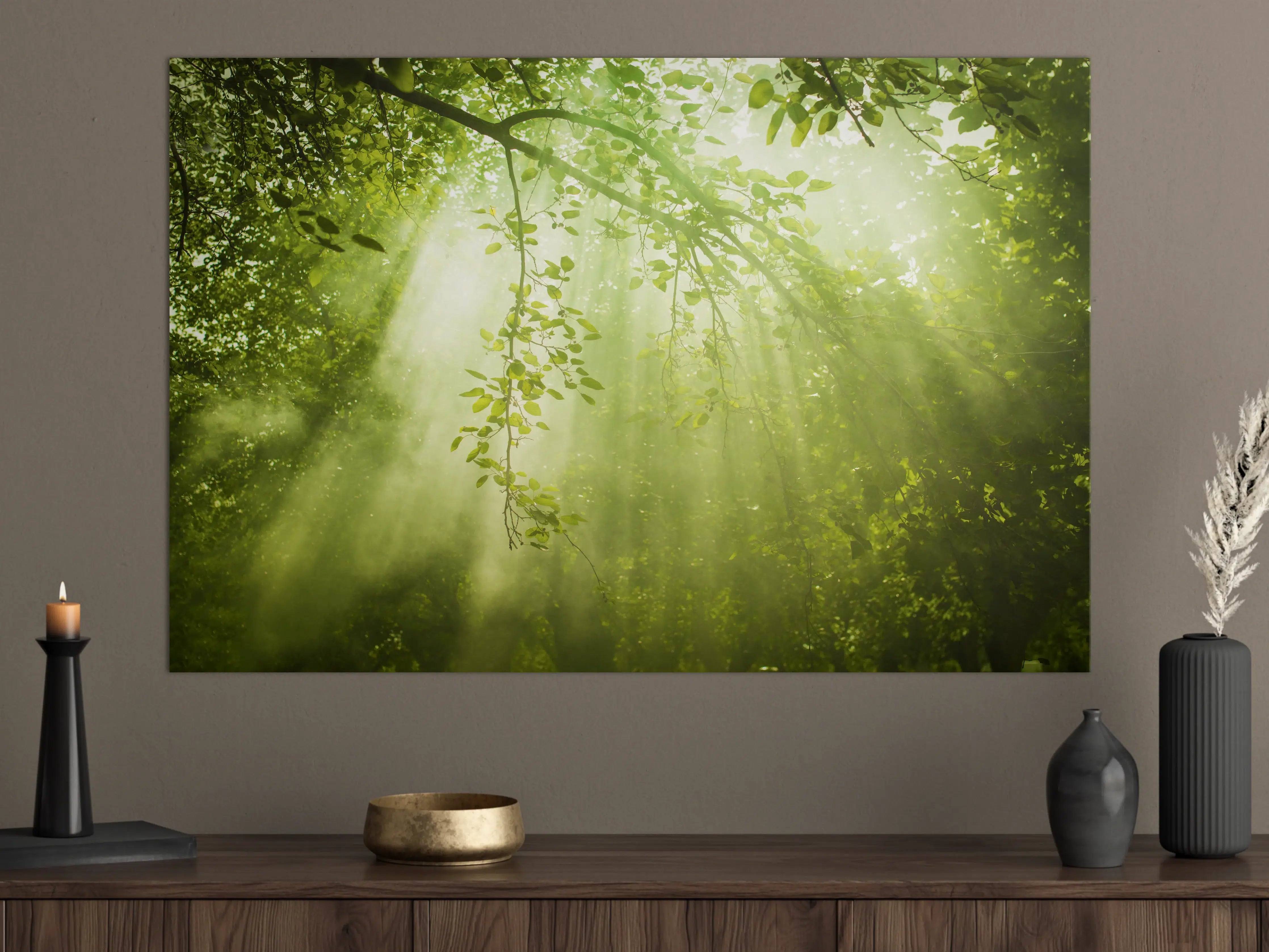 Große Wandbilder - mystischer Grüner Wald mit Sonnenstrahl