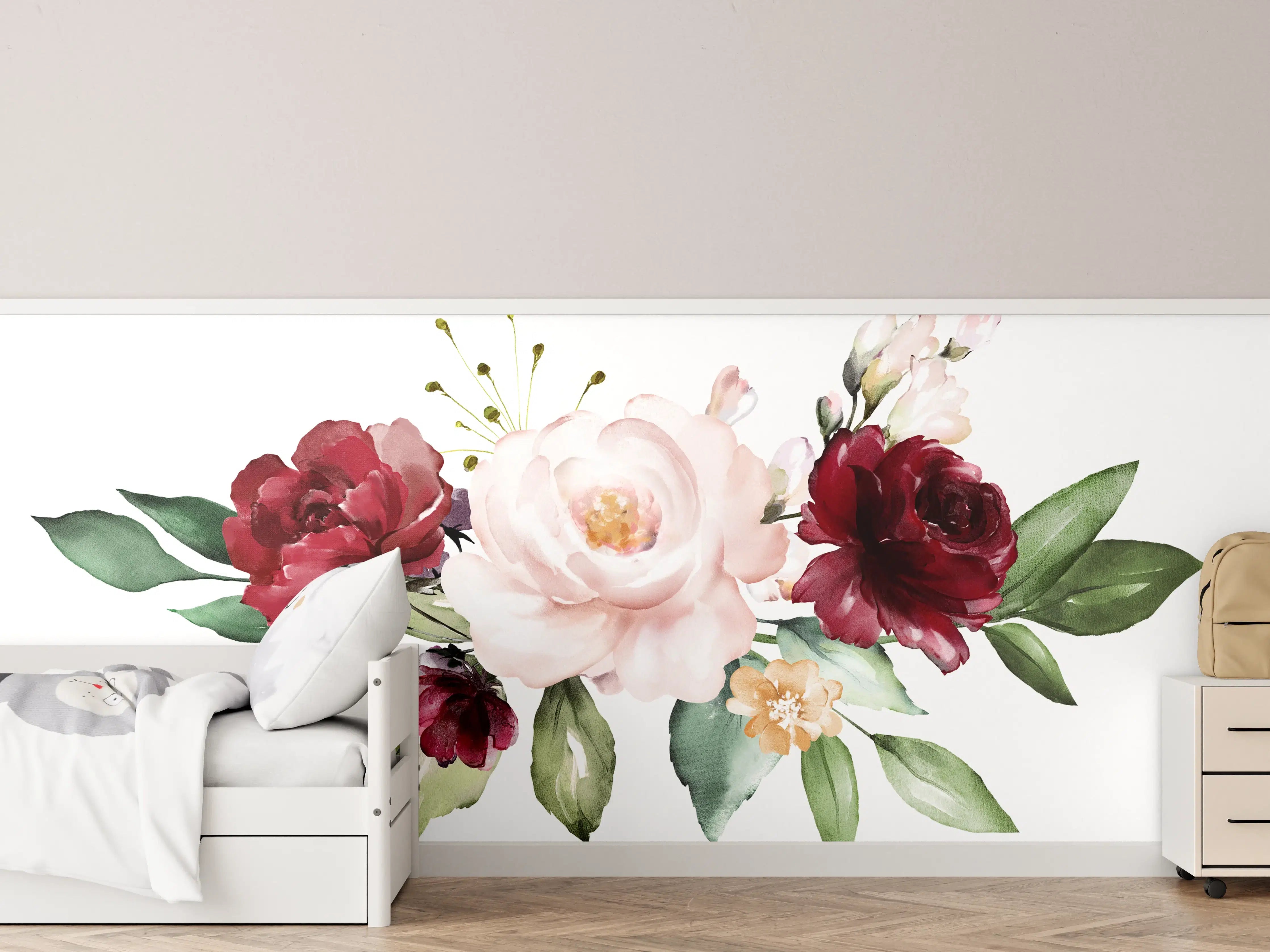 Kinderzimmer Wandgestaltung - Aquarell bordeauxfarbene Blumen