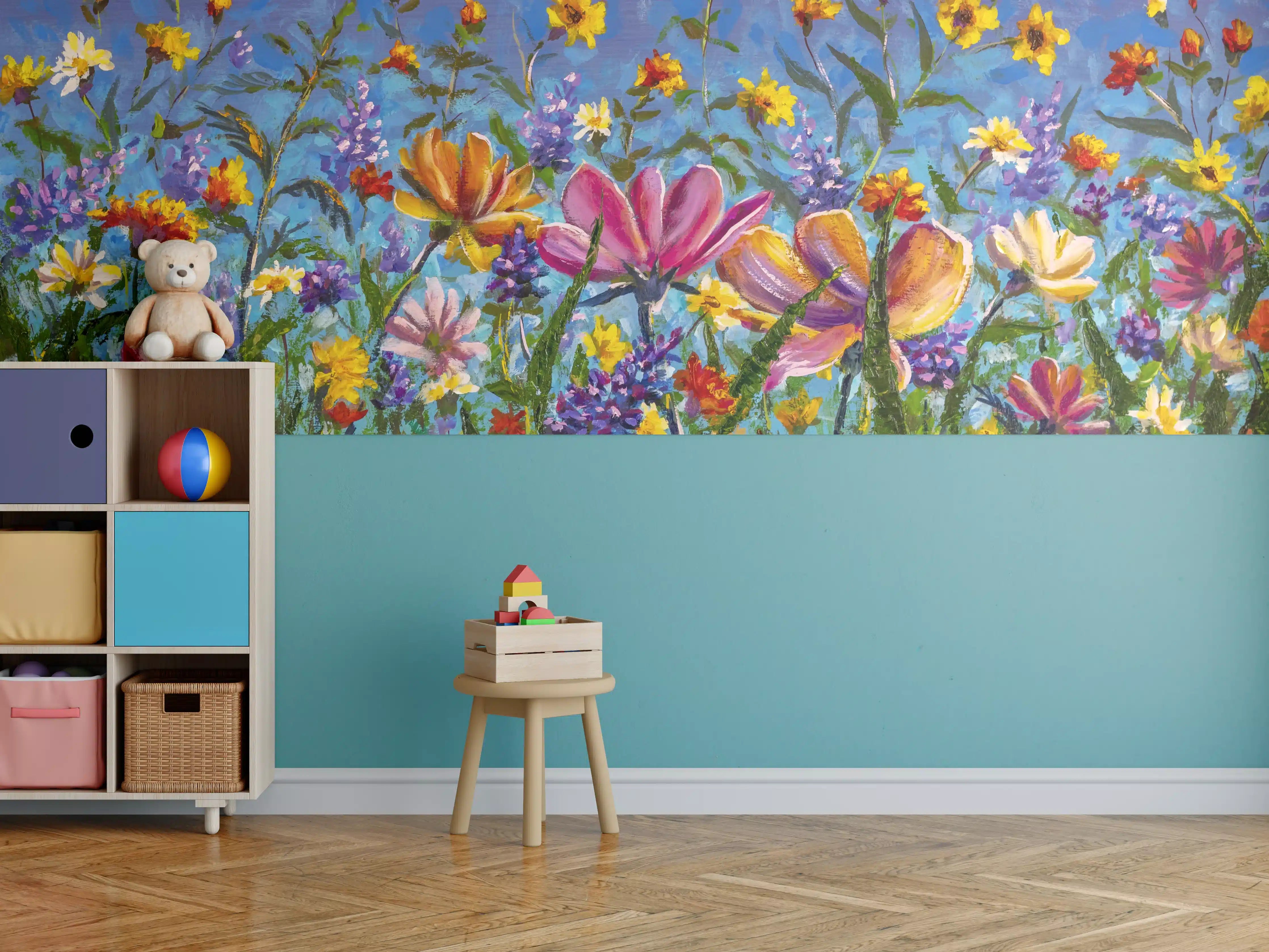 Kinderzimmer Wandgestaltung - Bunter Blumenmix Ölgemälde