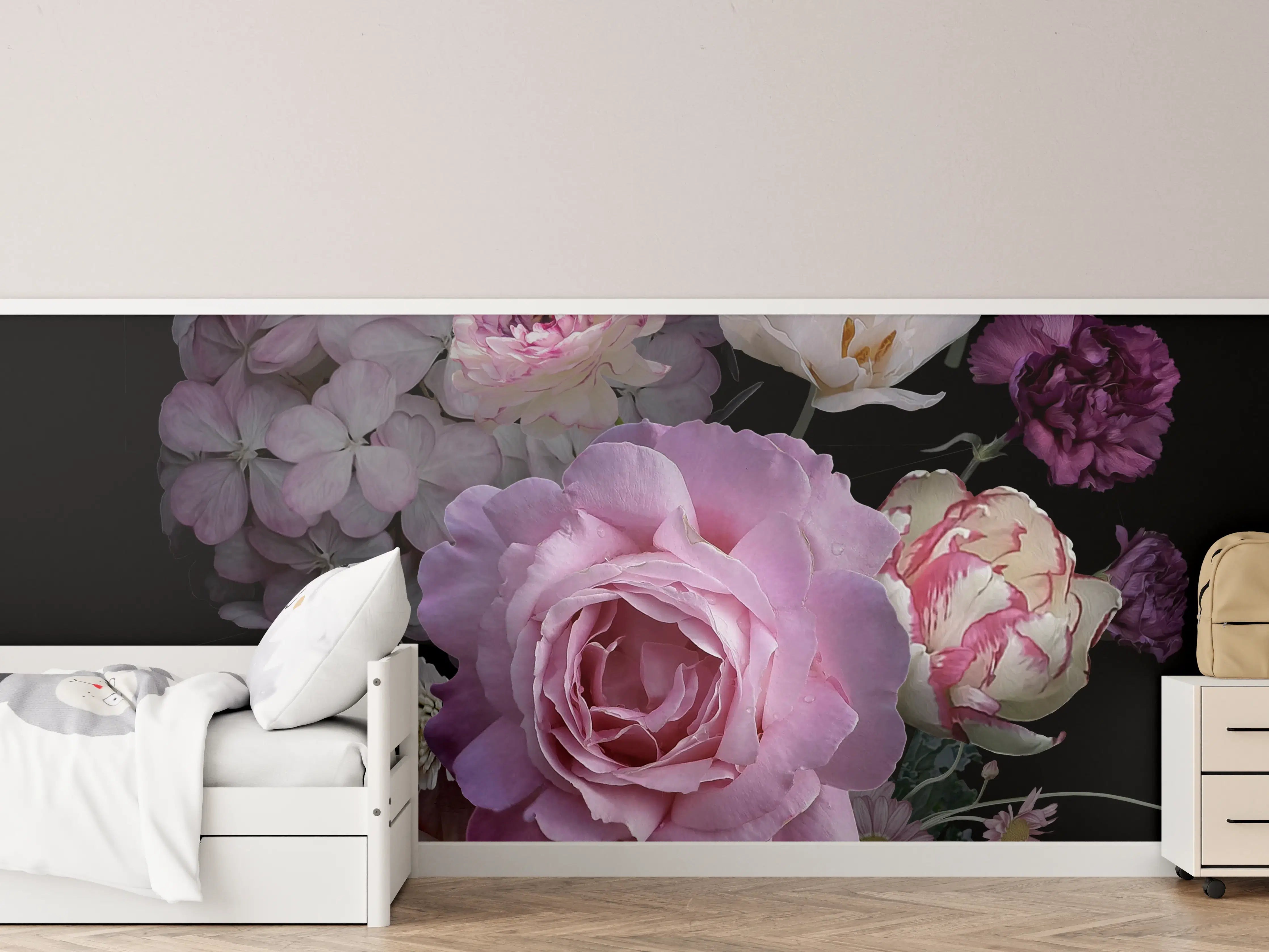 Kinderzimmer Wandgestaltung - Garten Blumen mit dunklem Hintergrund