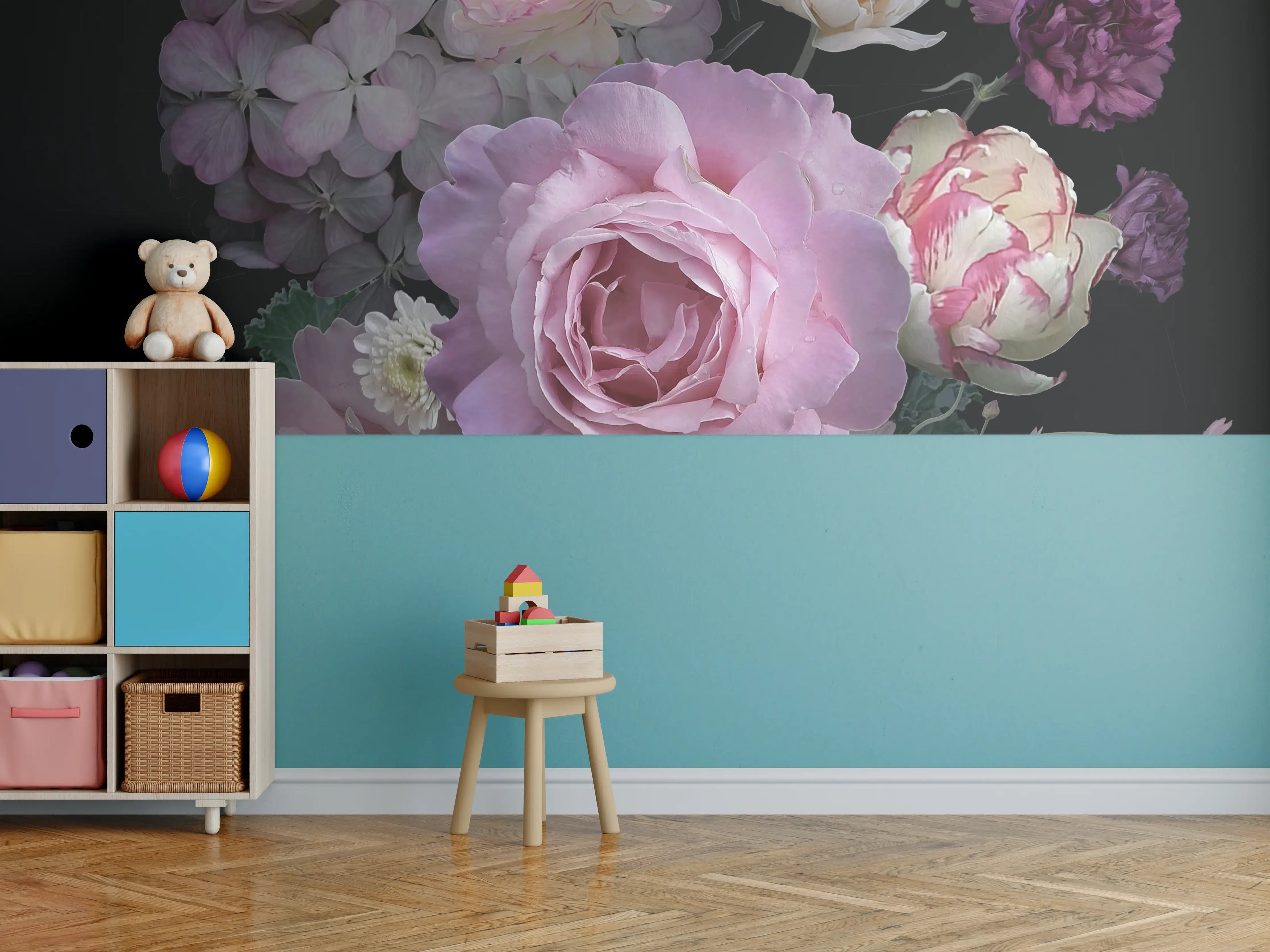 Kinderzimmer Wandgestaltung - Garten Blumen mit dunklem Hintergrund