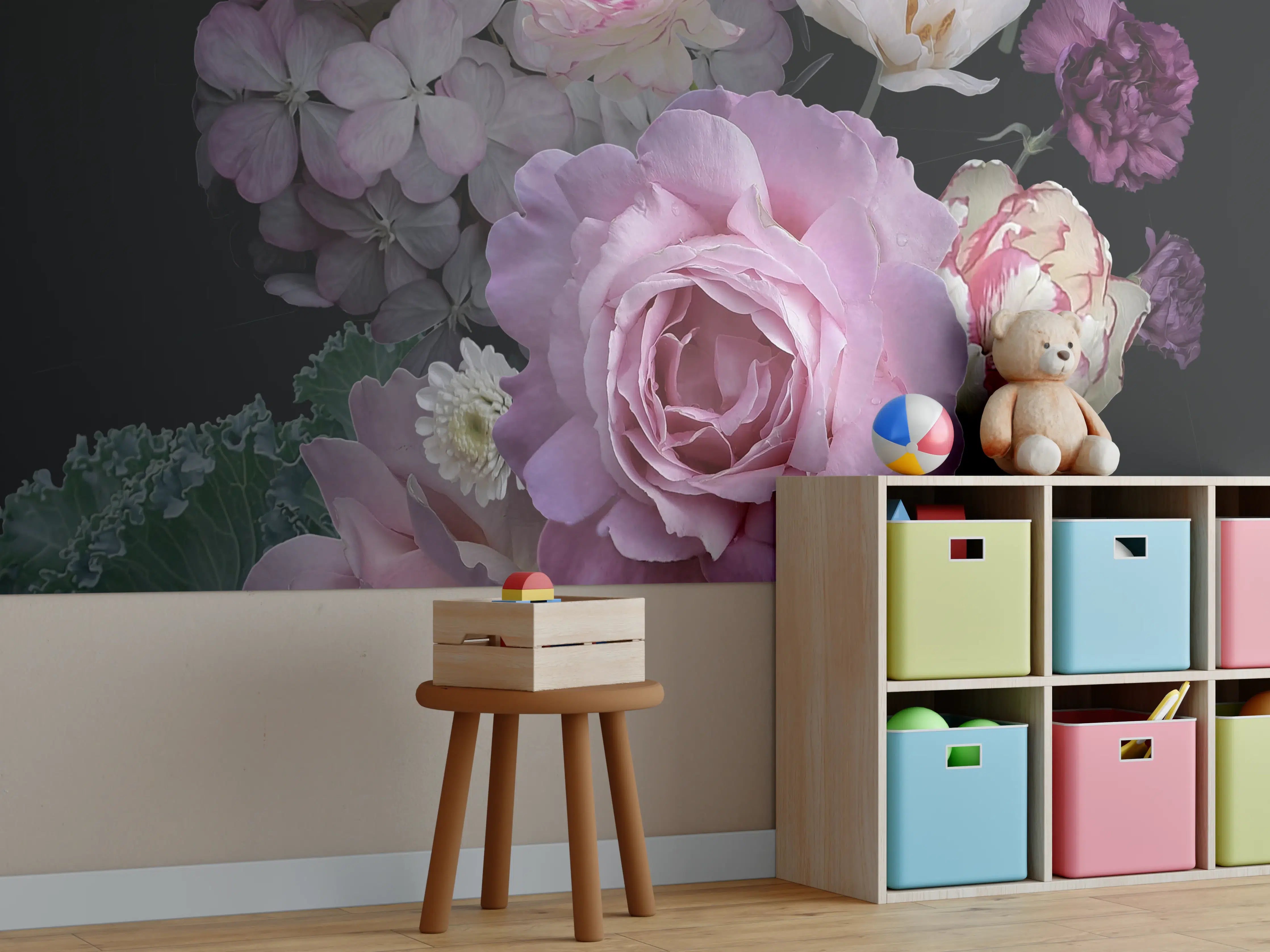 Kinderzimmer Wandgestaltung - Garten Blumen mit dunklem Hintergrund