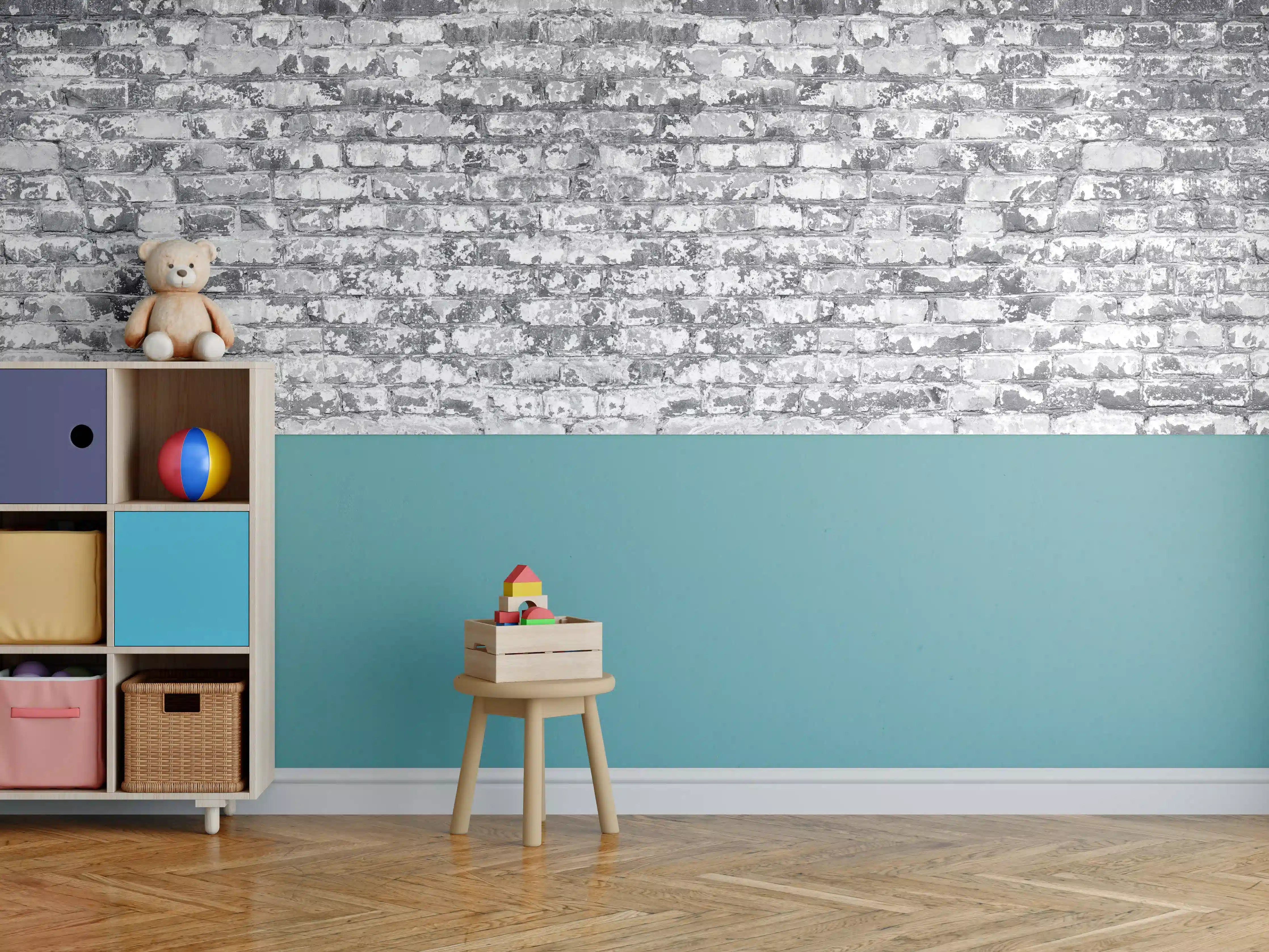 Kinderzimmer Wandgestaltung - Hellgraue verwitterte Vintage Ziegelwand