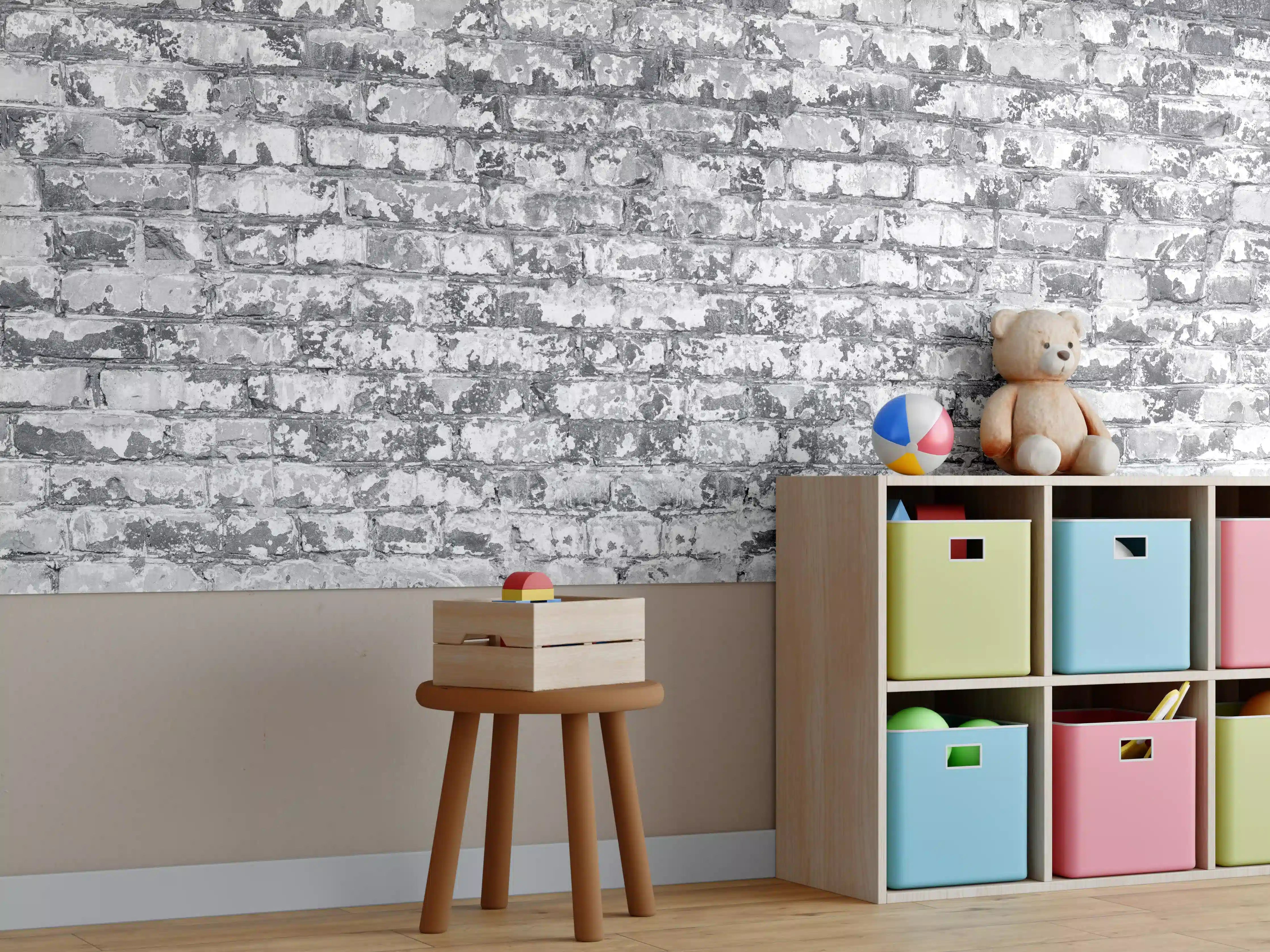 Kinderzimmer Wandgestaltung - Hellgraue verwitterte Vintage Ziegelwand
