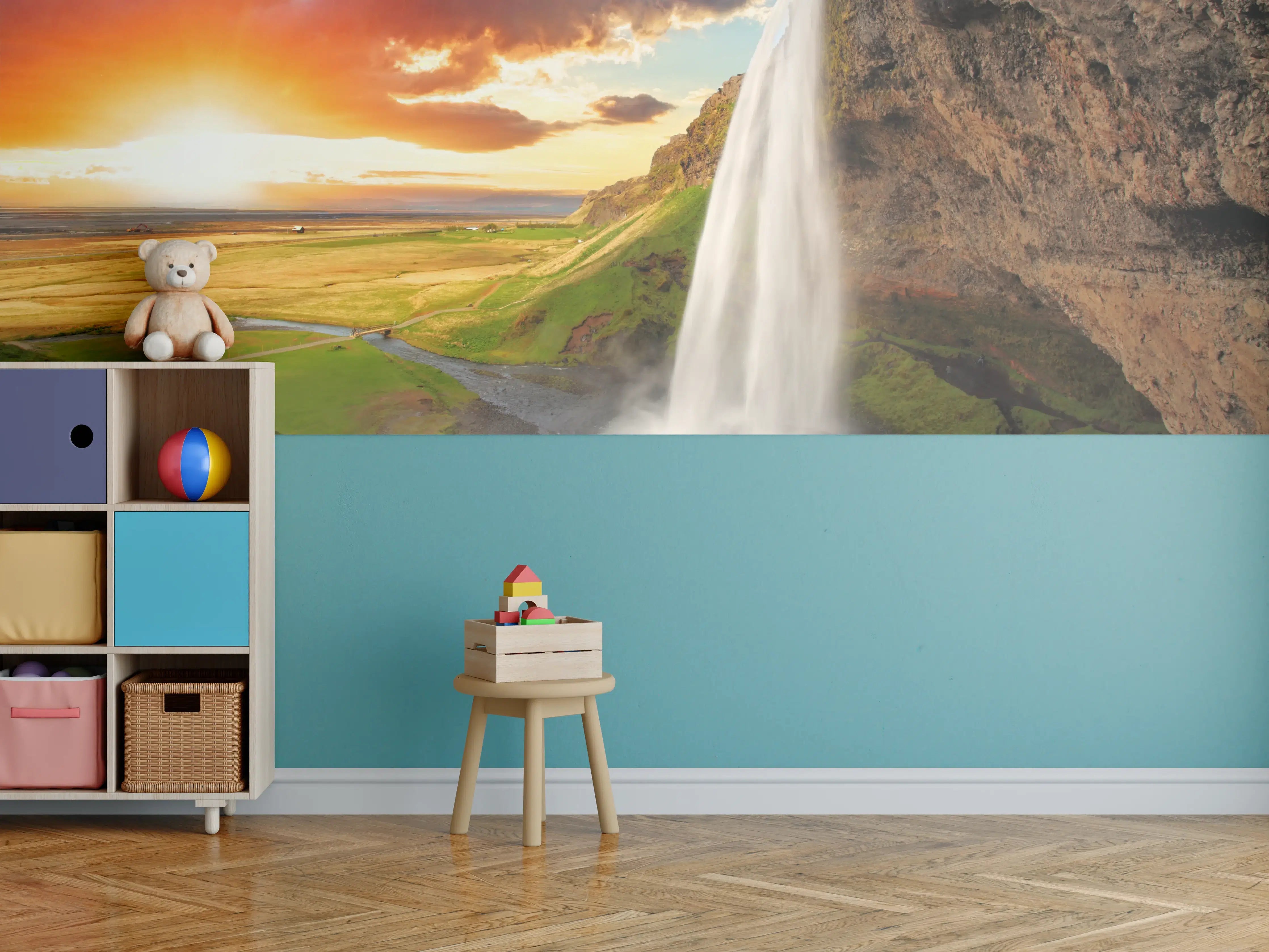 Kinderzimmer Wandgestaltung - Seljalandsfoss Wasserfall bei Sonnenuntergang
