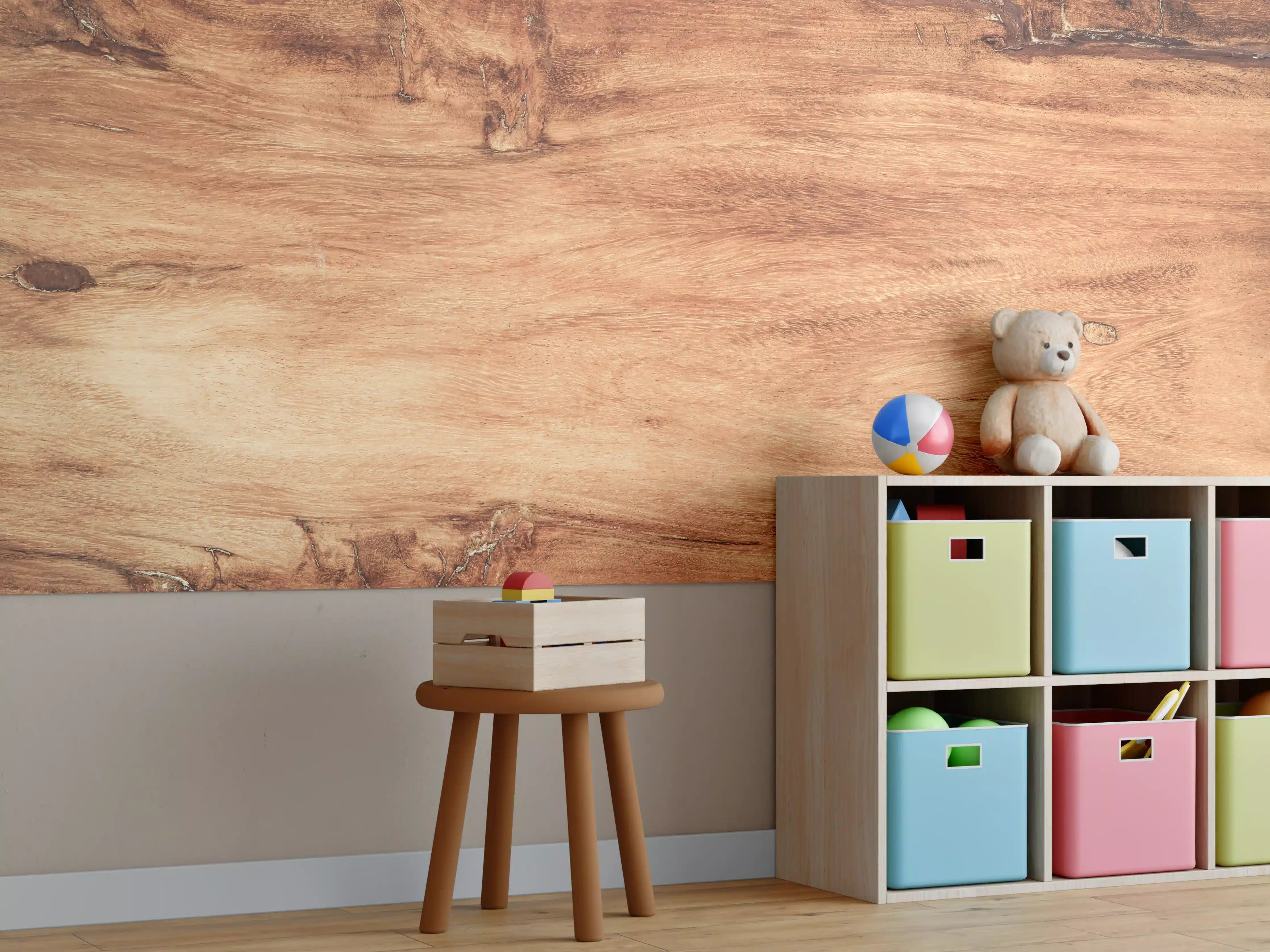 Kinderzimmer Wandgestaltung - Teakholz mit natürlichem Muster