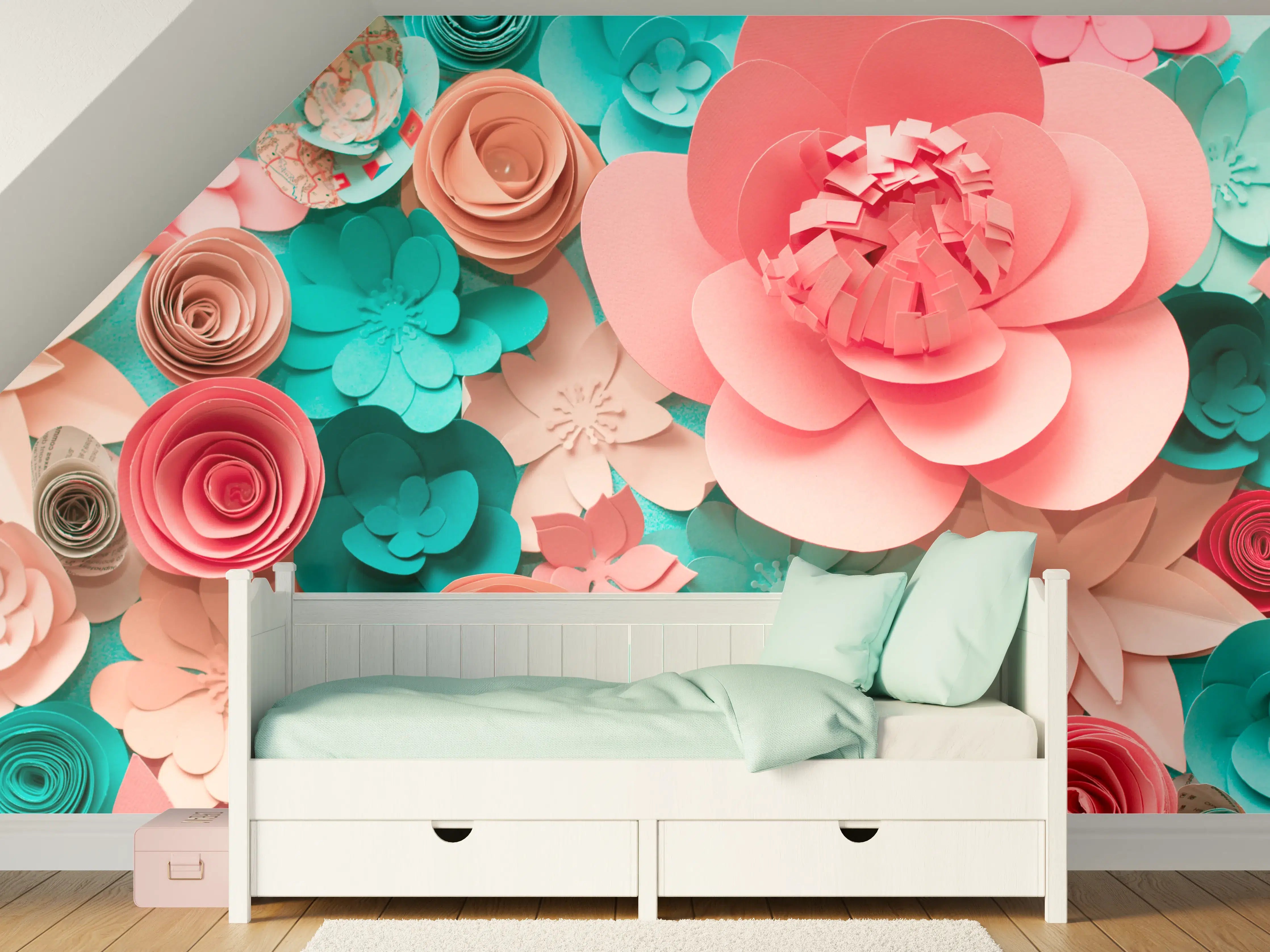 Kinderzimmer Wandgestaltung - bunte Papier Blumen Komposition