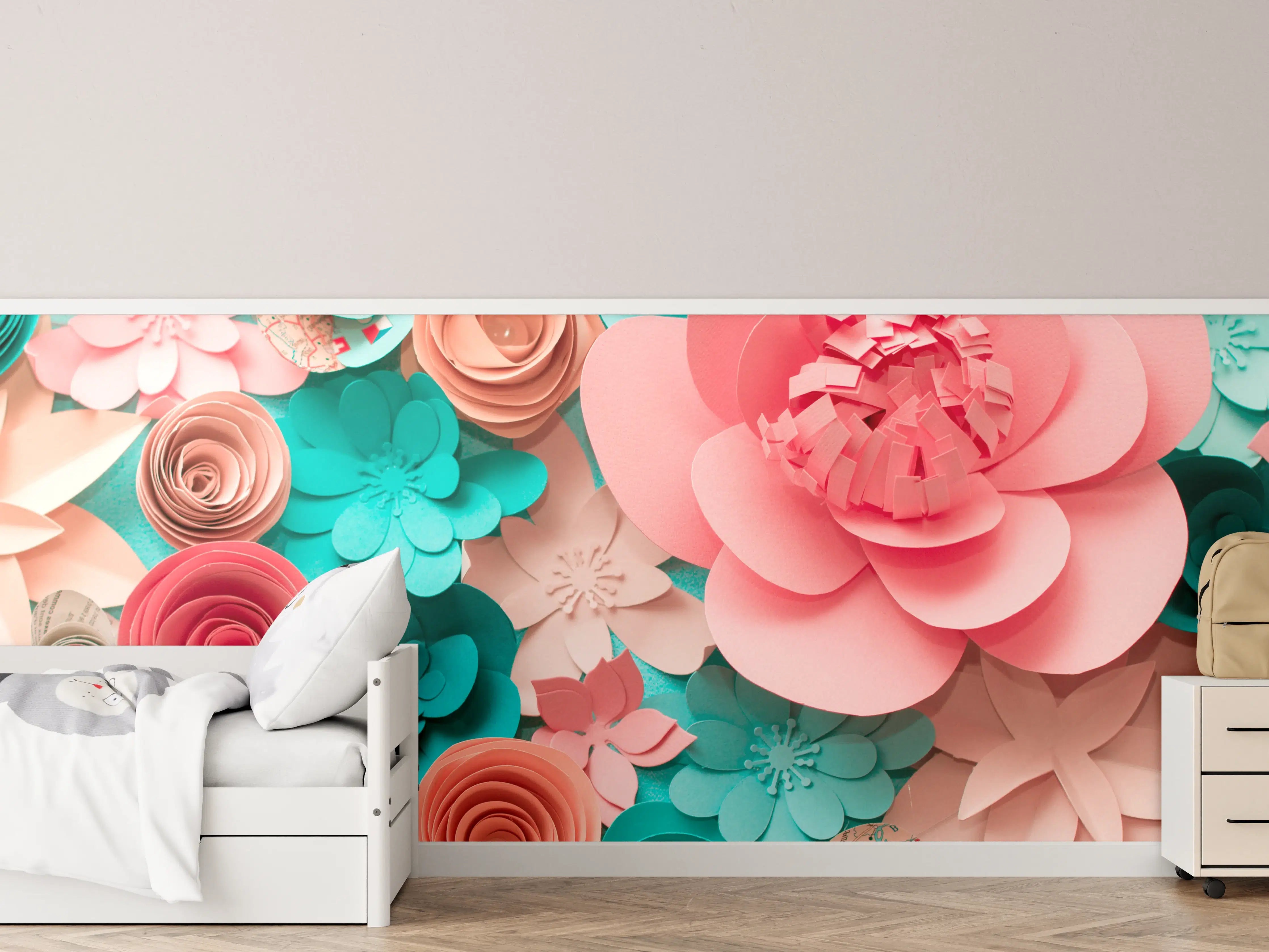 Kinderzimmer Wandgestaltung - bunte Papier Blumen Komposition