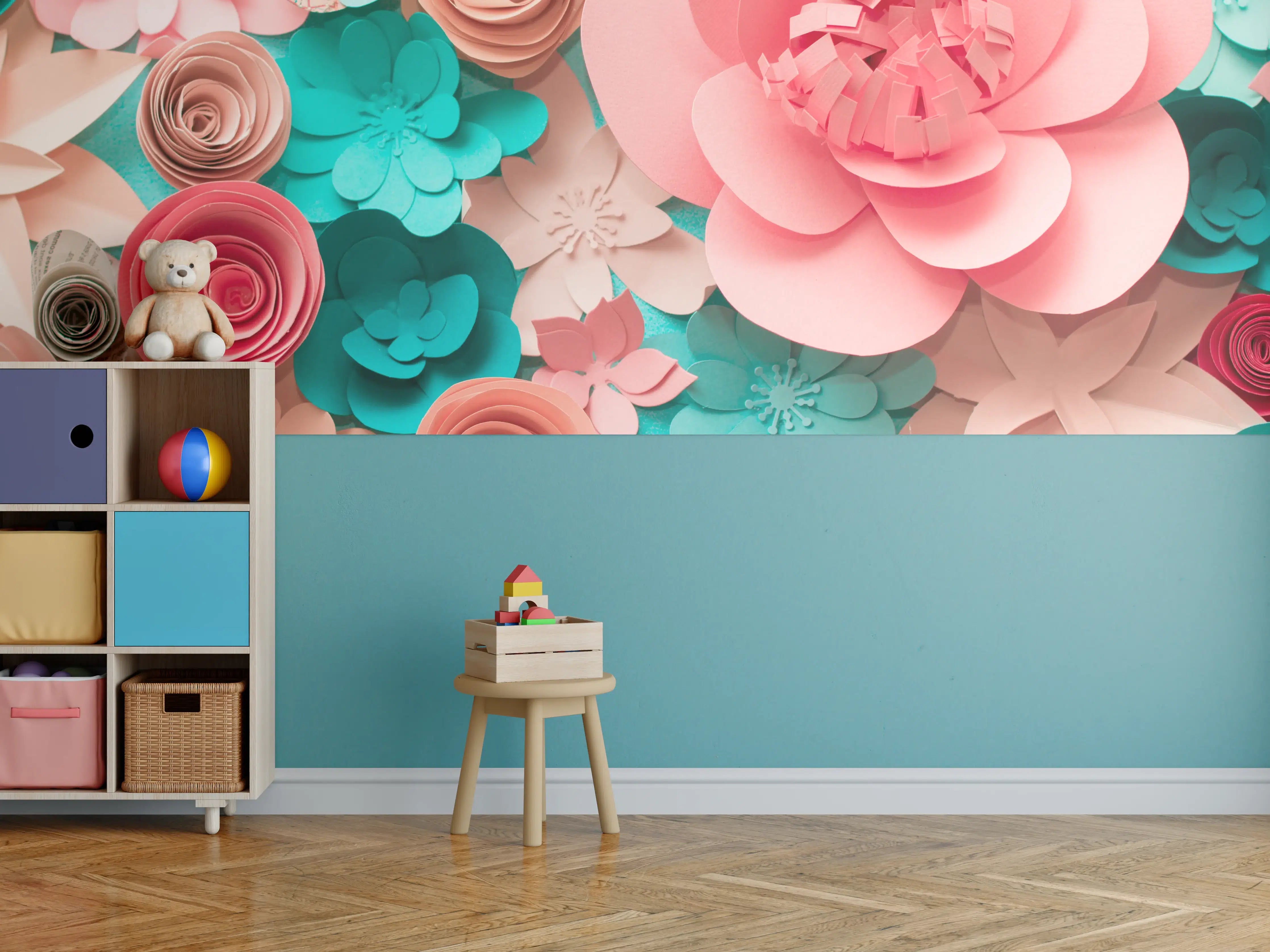Kinderzimmer Wandgestaltung - bunte Papier Blumen Komposition