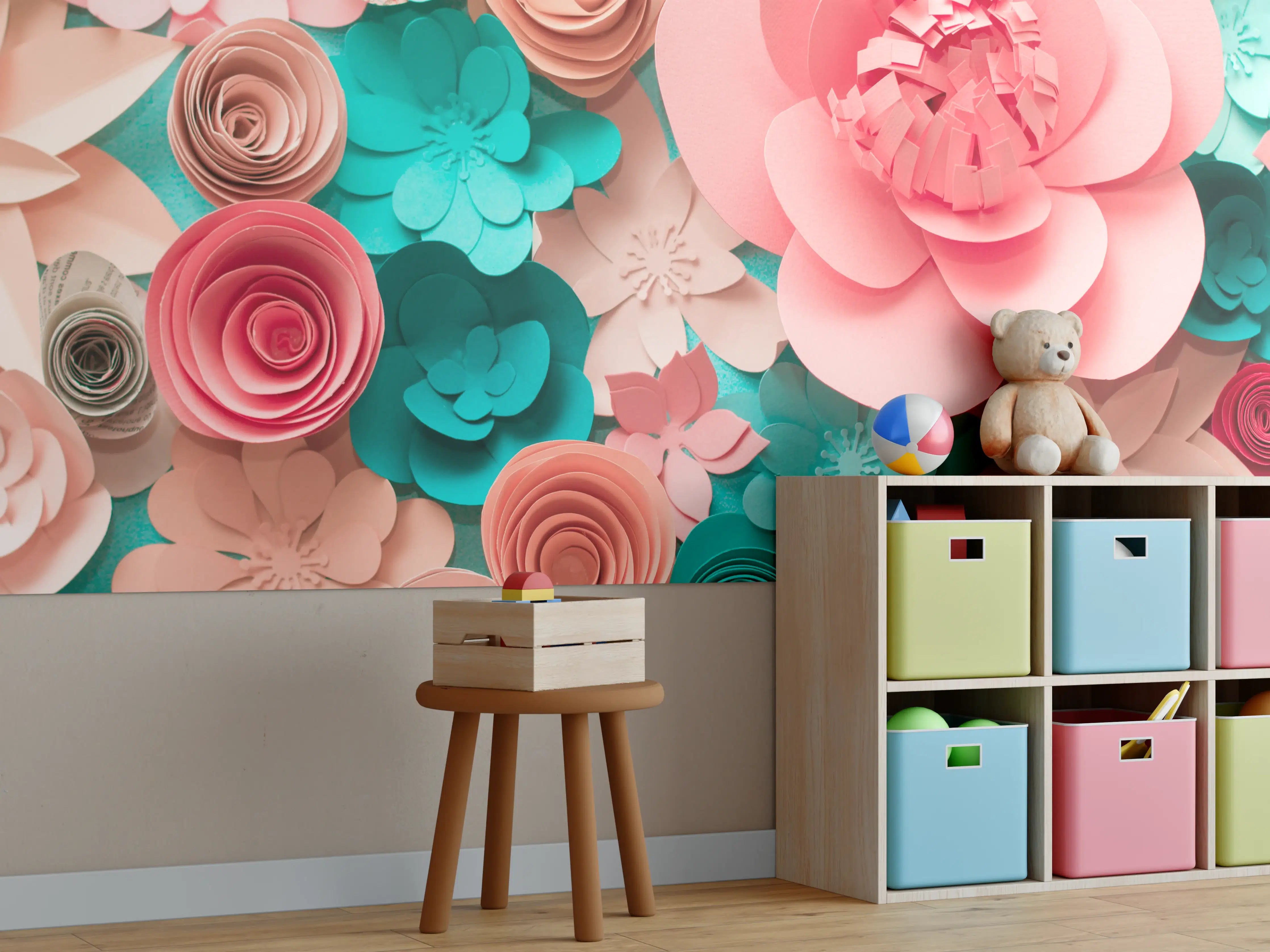 Kinderzimmer Wandgestaltung - bunte Papier Blumen Komposition