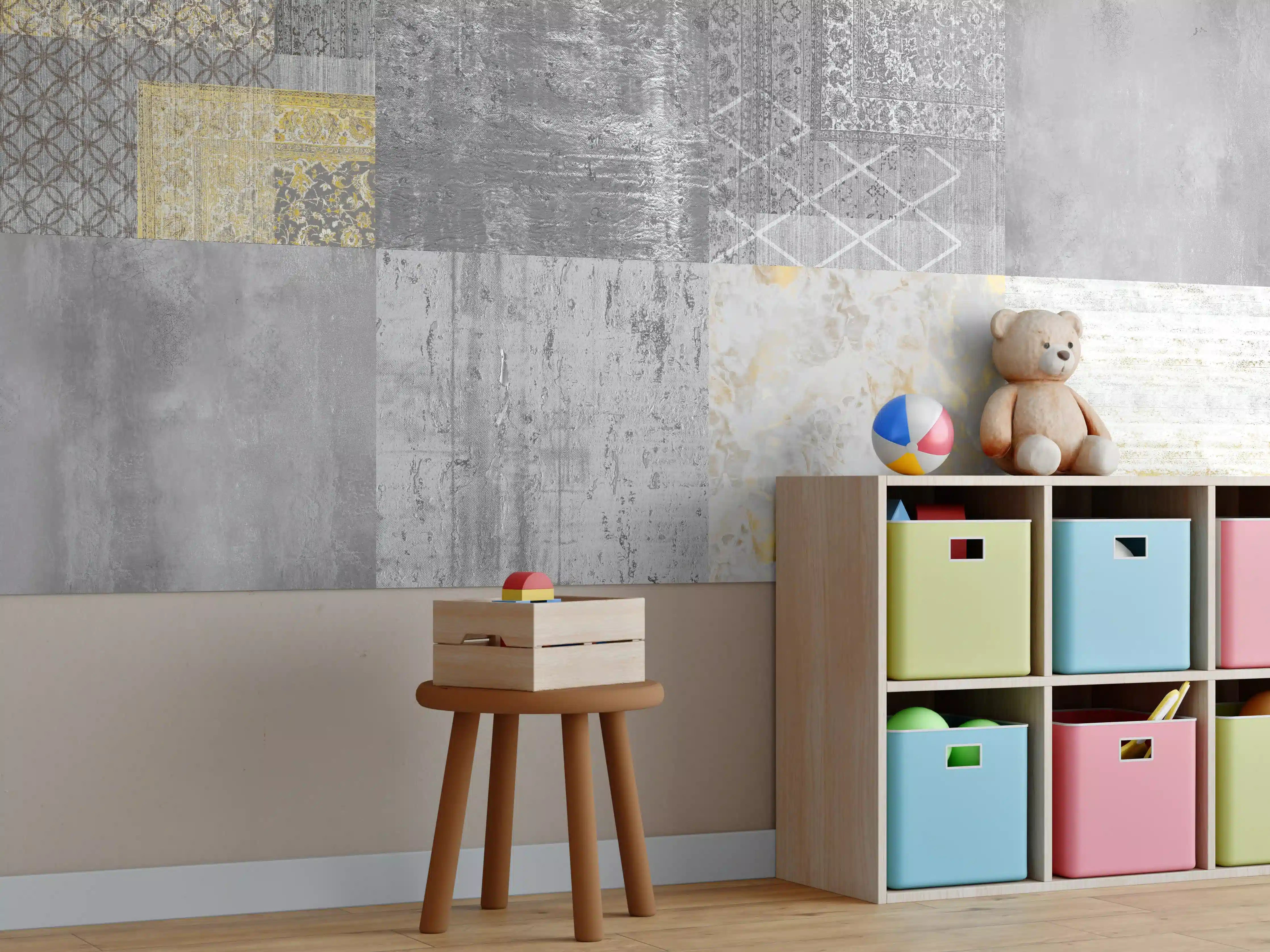 Kinderzimmer Wandgestaltung - gräulich gelbes Patchwork