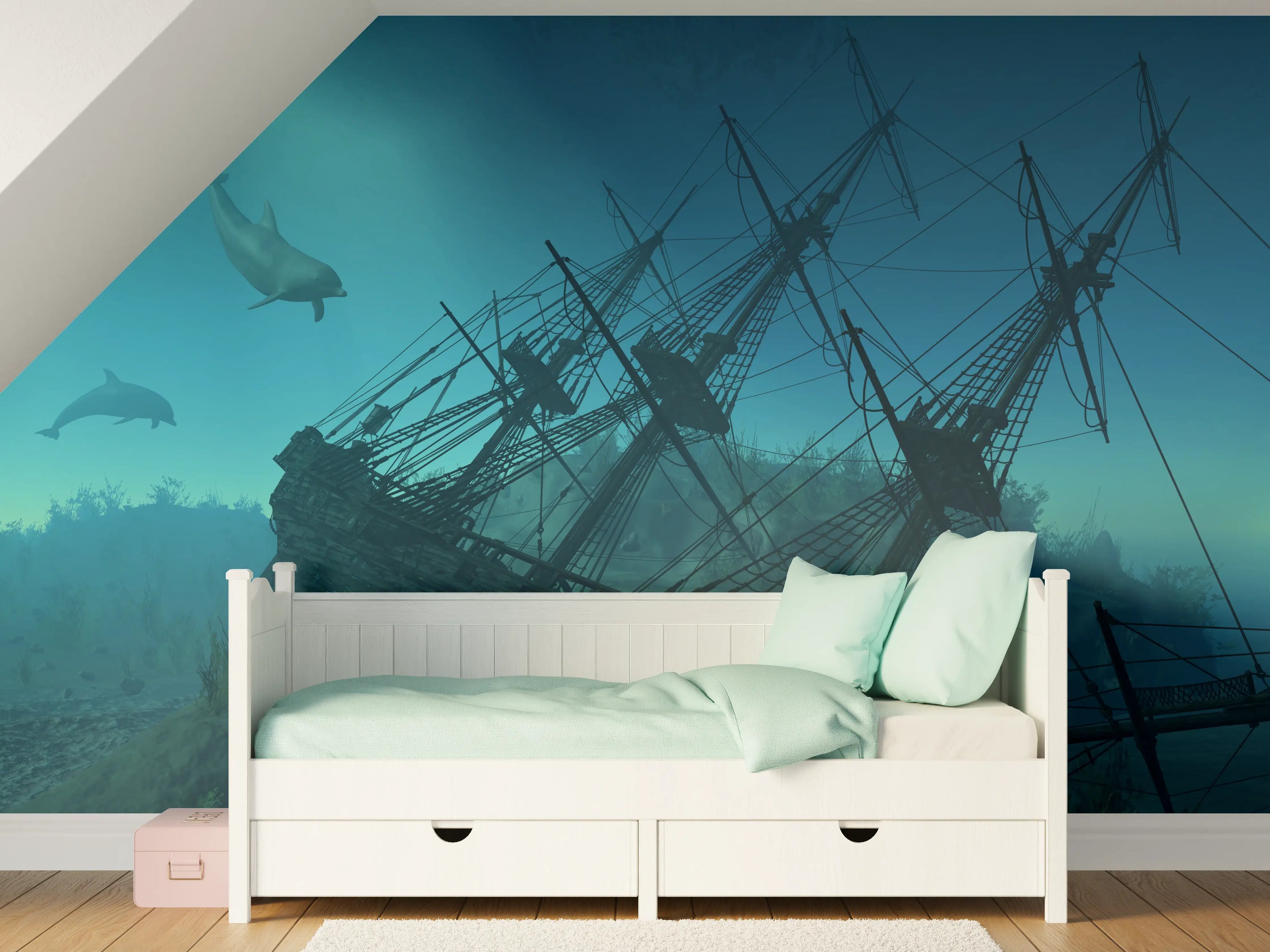 Kinderzimmer Wandgestaltung - mystisches Schiffswrack mit Delfinen