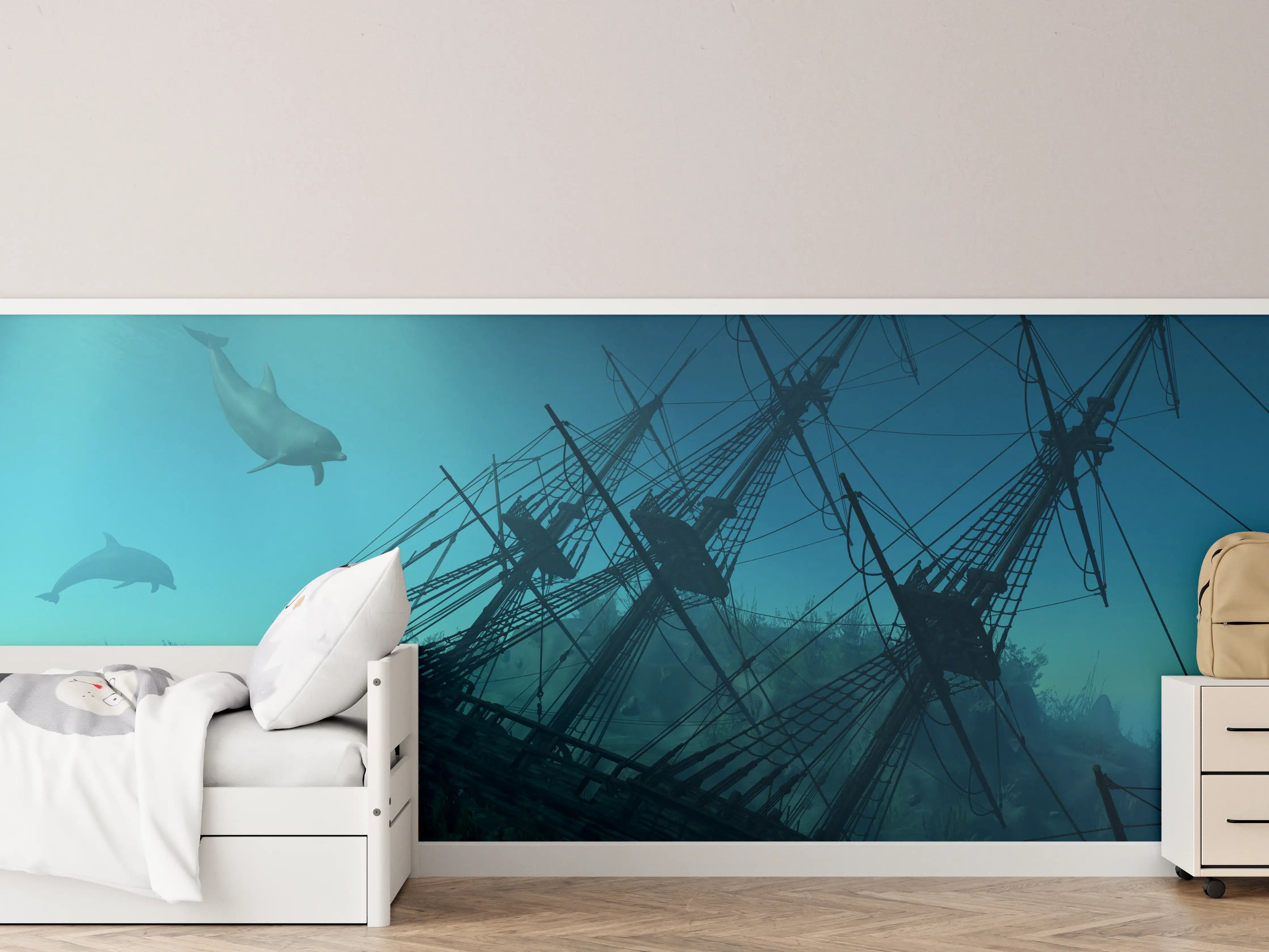 Kinderzimmer Wandgestaltung - mystisches Schiffswrack mit Delfinen