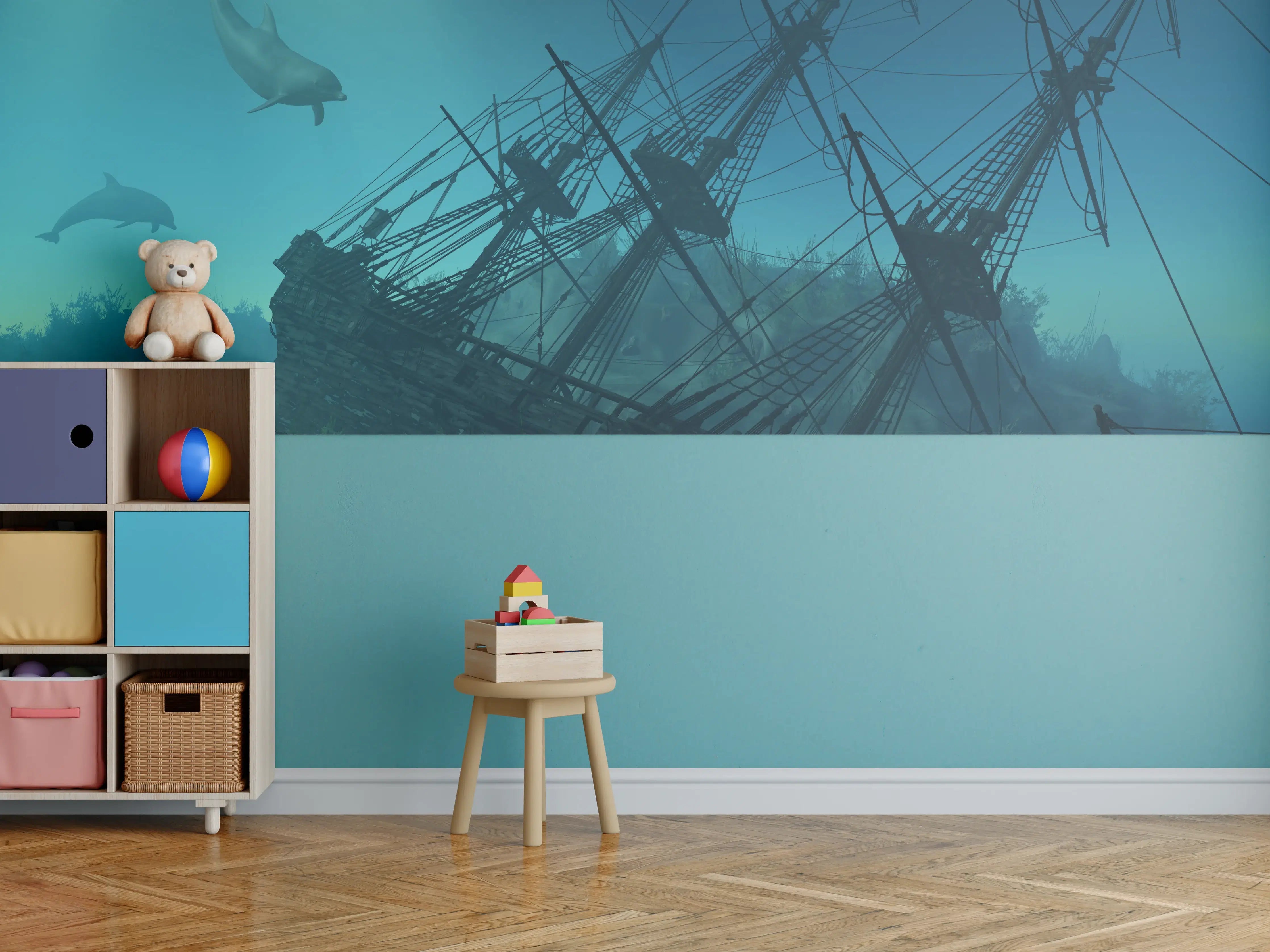 Kinderzimmer Wandgestaltung - mystisches Schiffswrack mit Delfinen