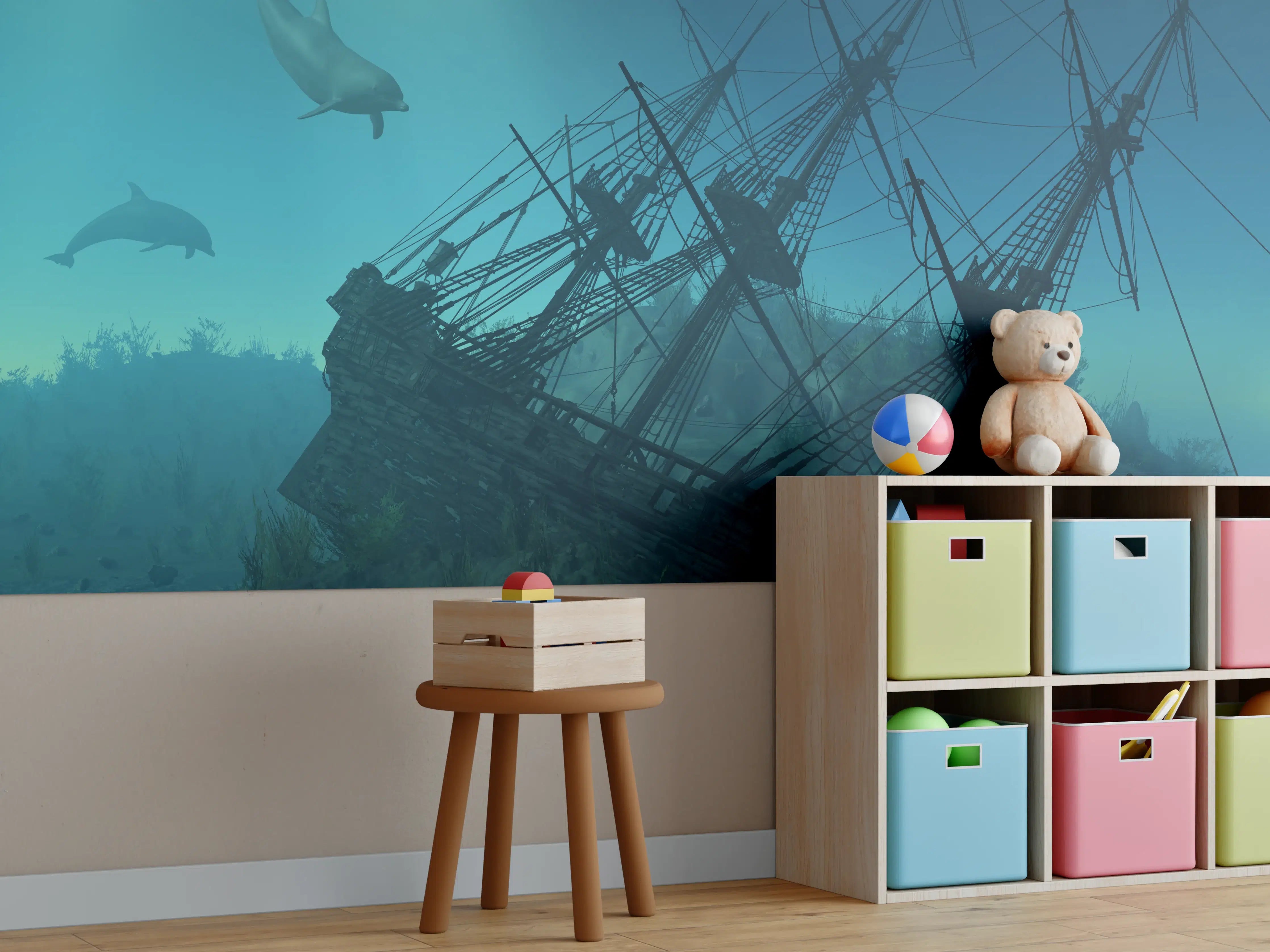 Kinderzimmer Wandgestaltung - mystisches Schiffswrack mit Delfinen