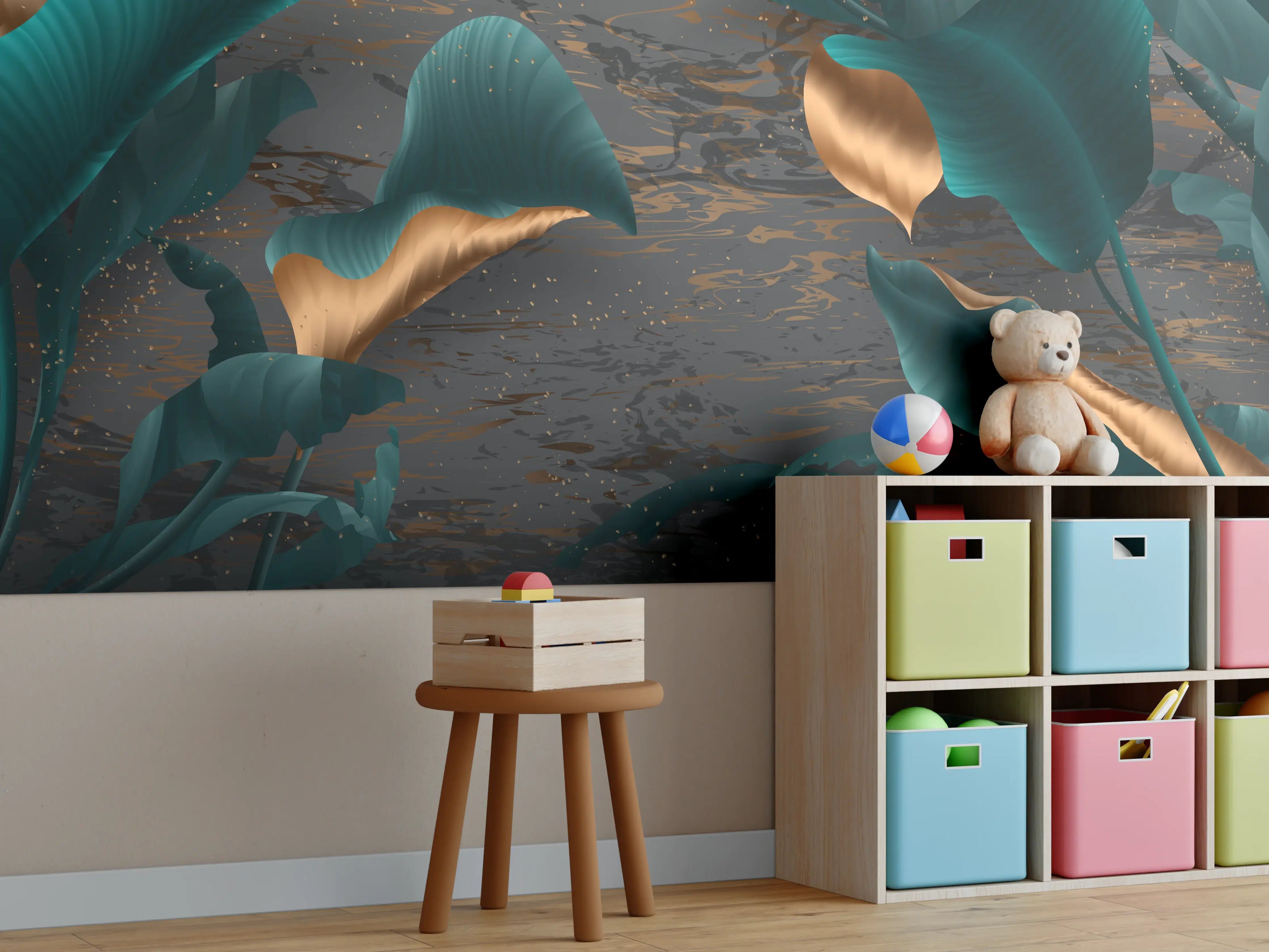 Kinderzimmer Wandgestaltung - Abendlicher Dschungel Goldakzent