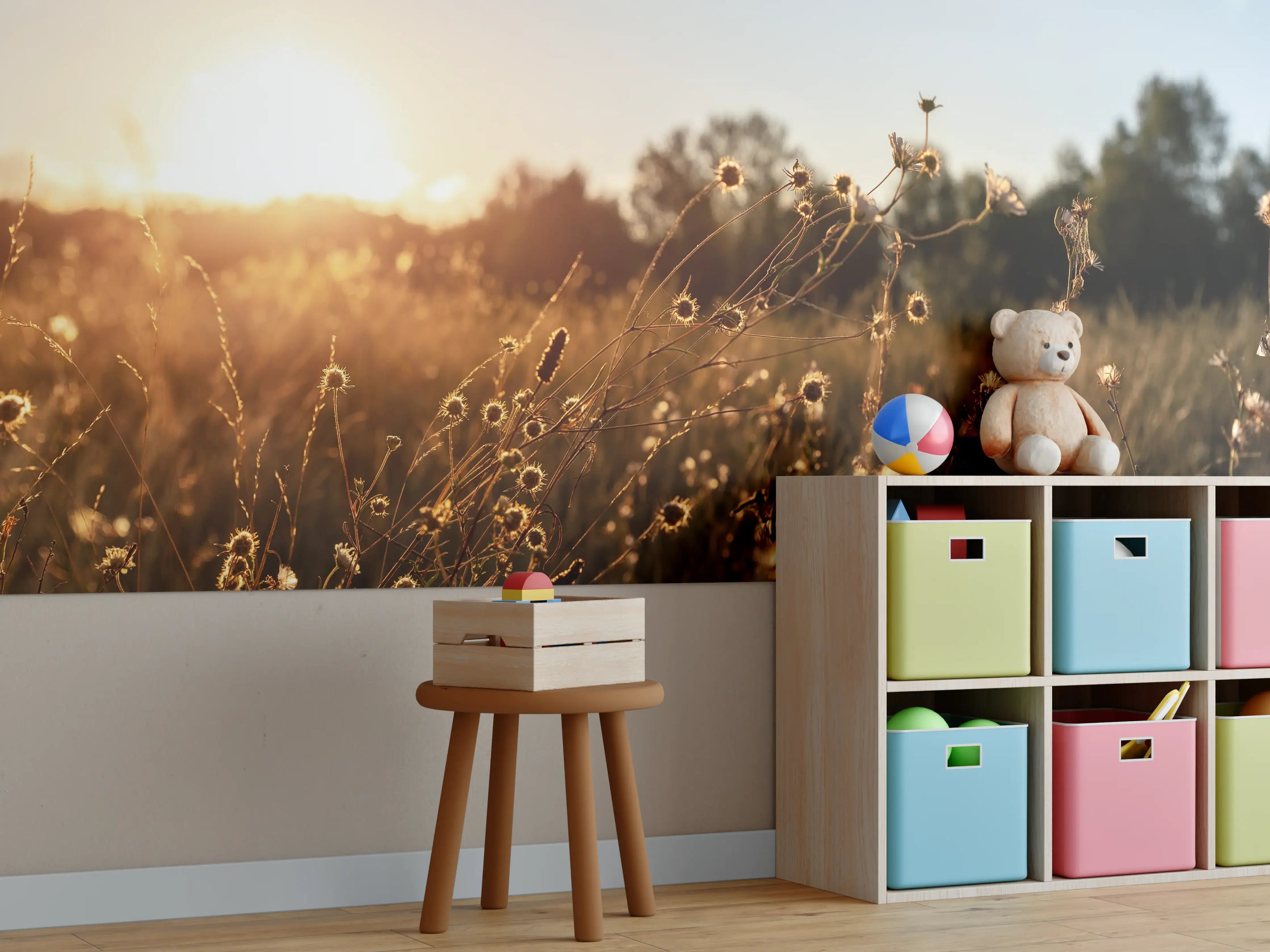 Kinderzimmer Wandgestaltung - Abendlicht über blühender Wiese