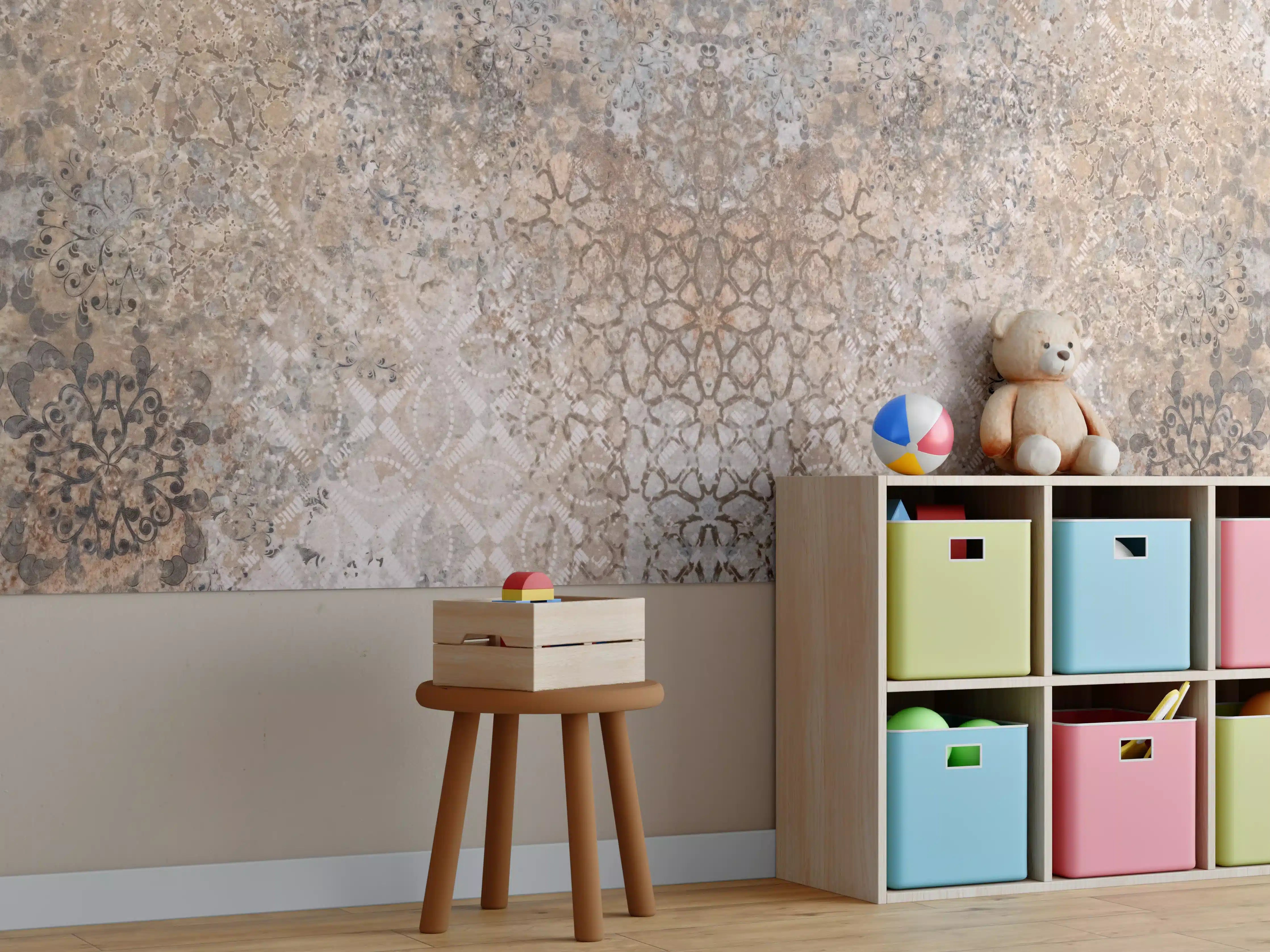 Kinderzimmer Wandgestaltung - Abgenutzte bräunliche Vintage Tapete