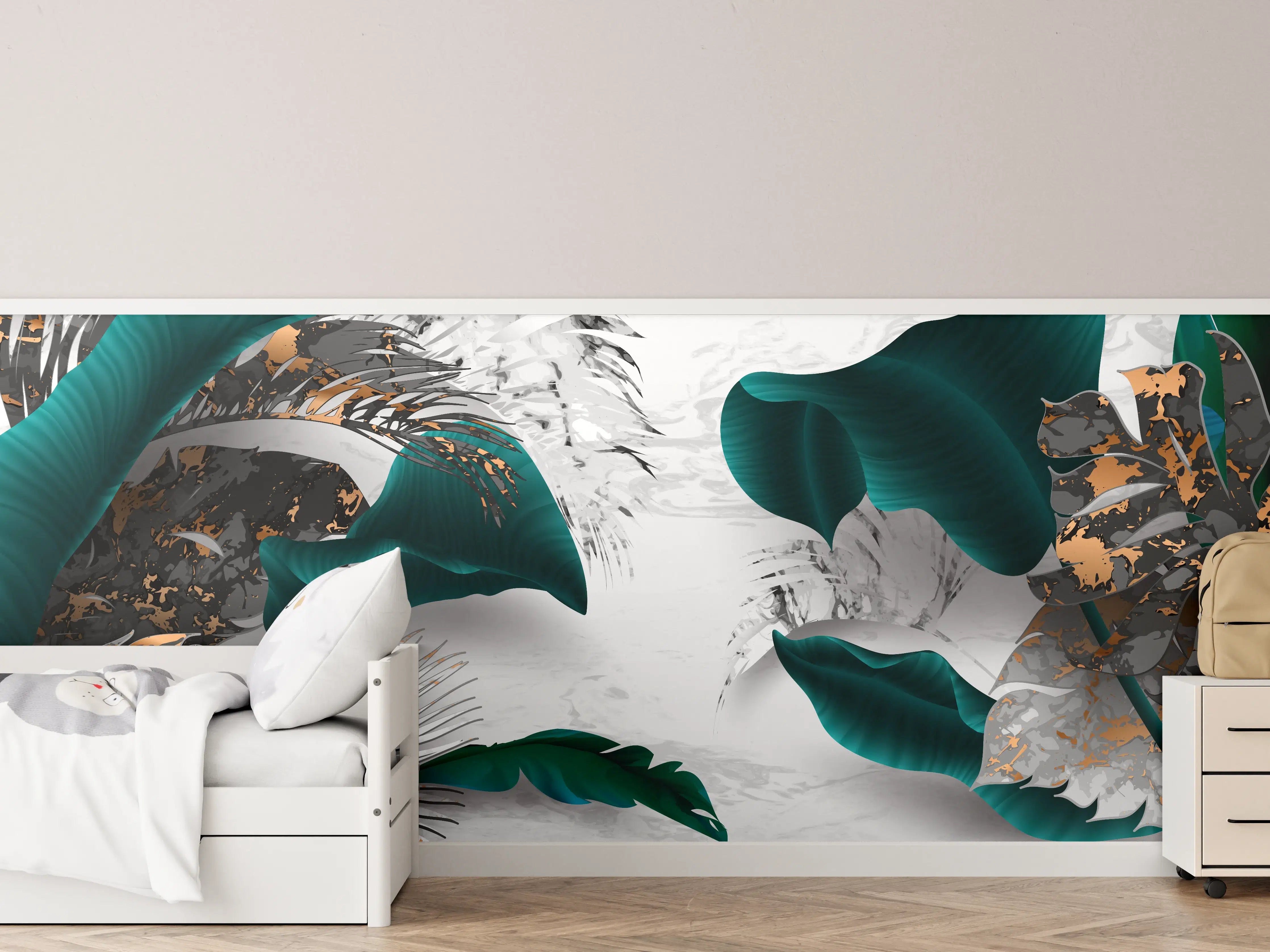 Kinderzimmer Wandgestaltung - Abstrakte Blatt Gold Grau Kunst