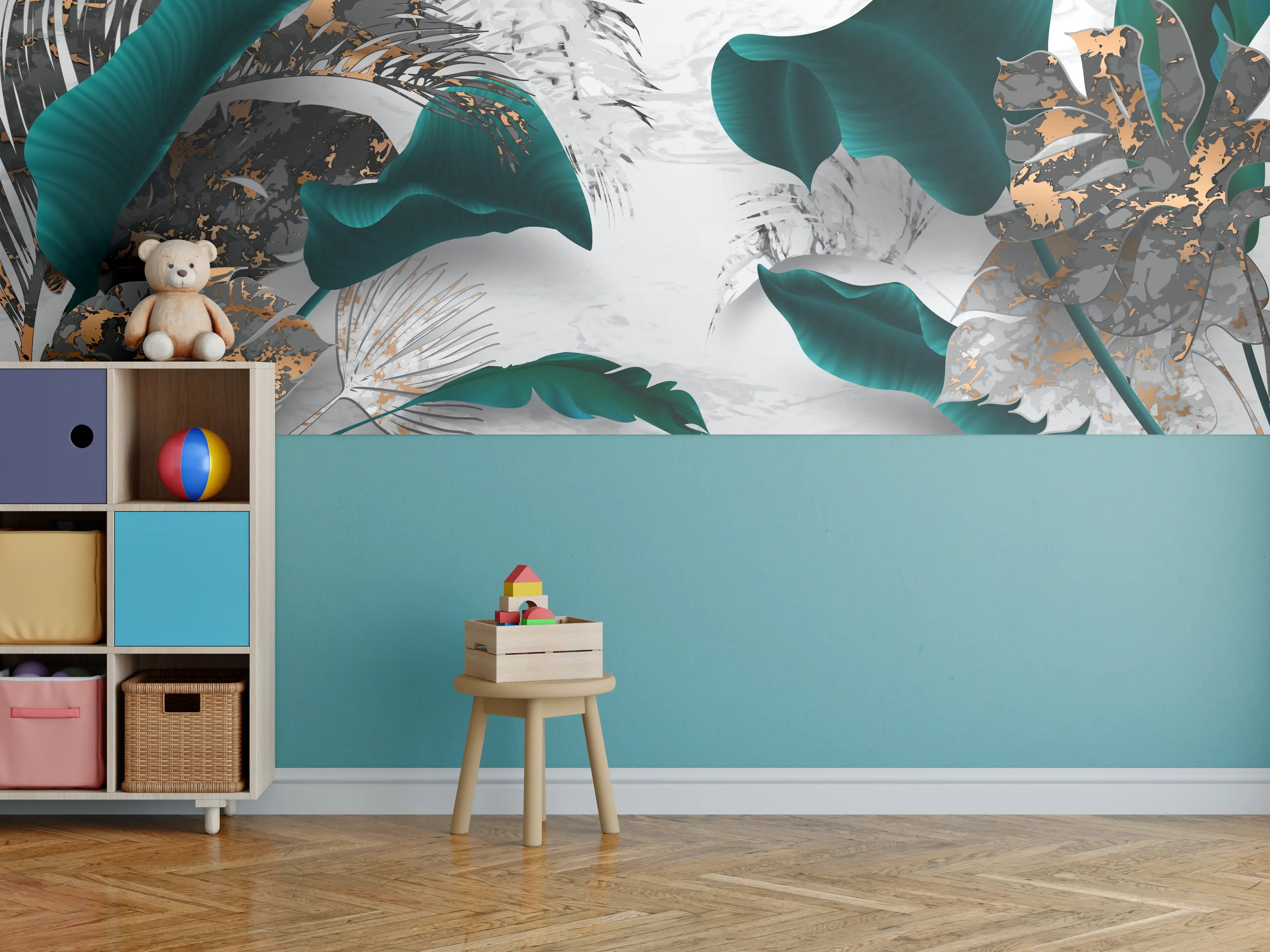 Kinderzimmer Wandgestaltung - Abstrakte Blatt Gold Grau Kunst