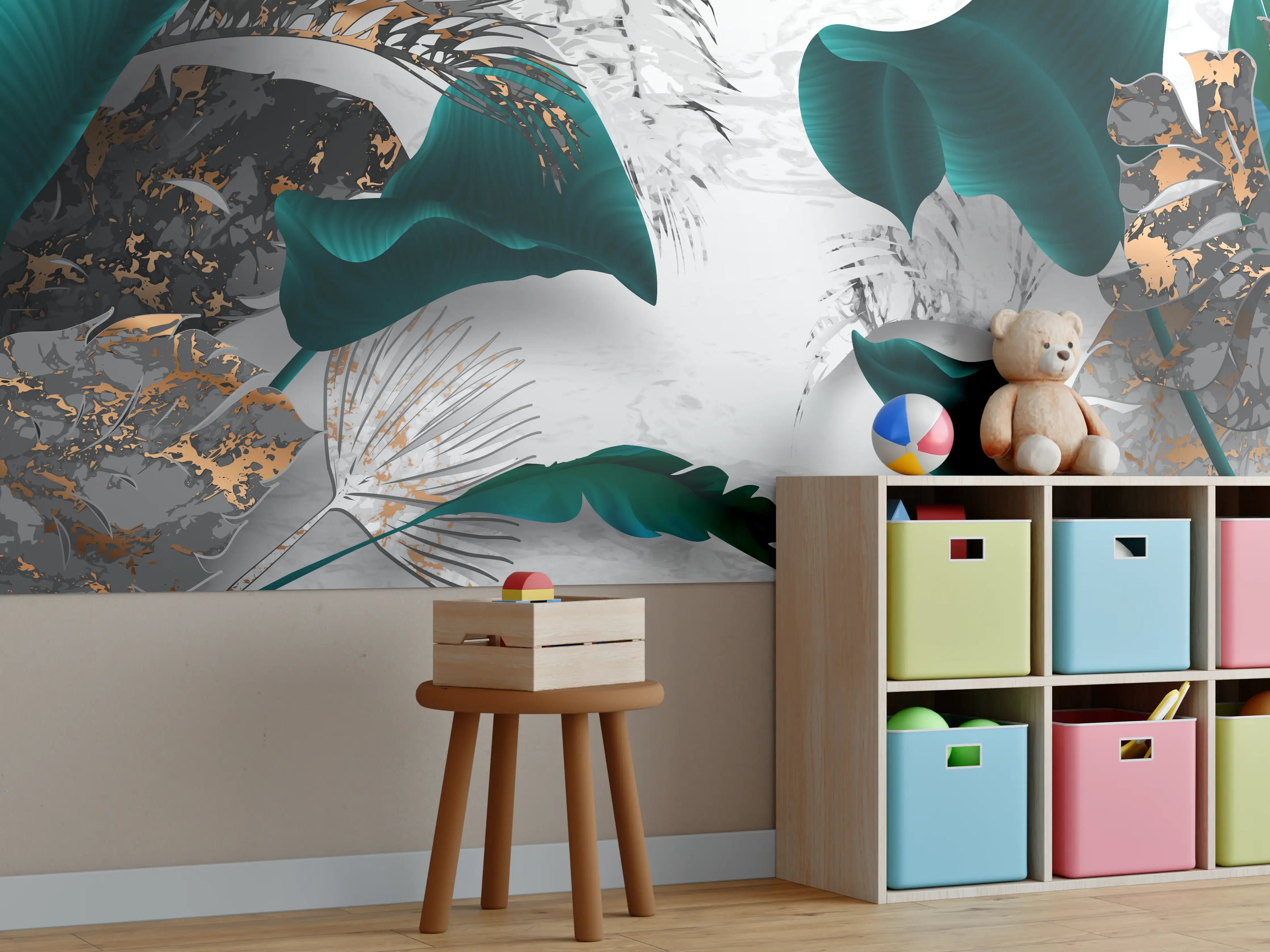 Kinderzimmer Wandgestaltung - Abstrakte Blatt Gold Grau Kunst
