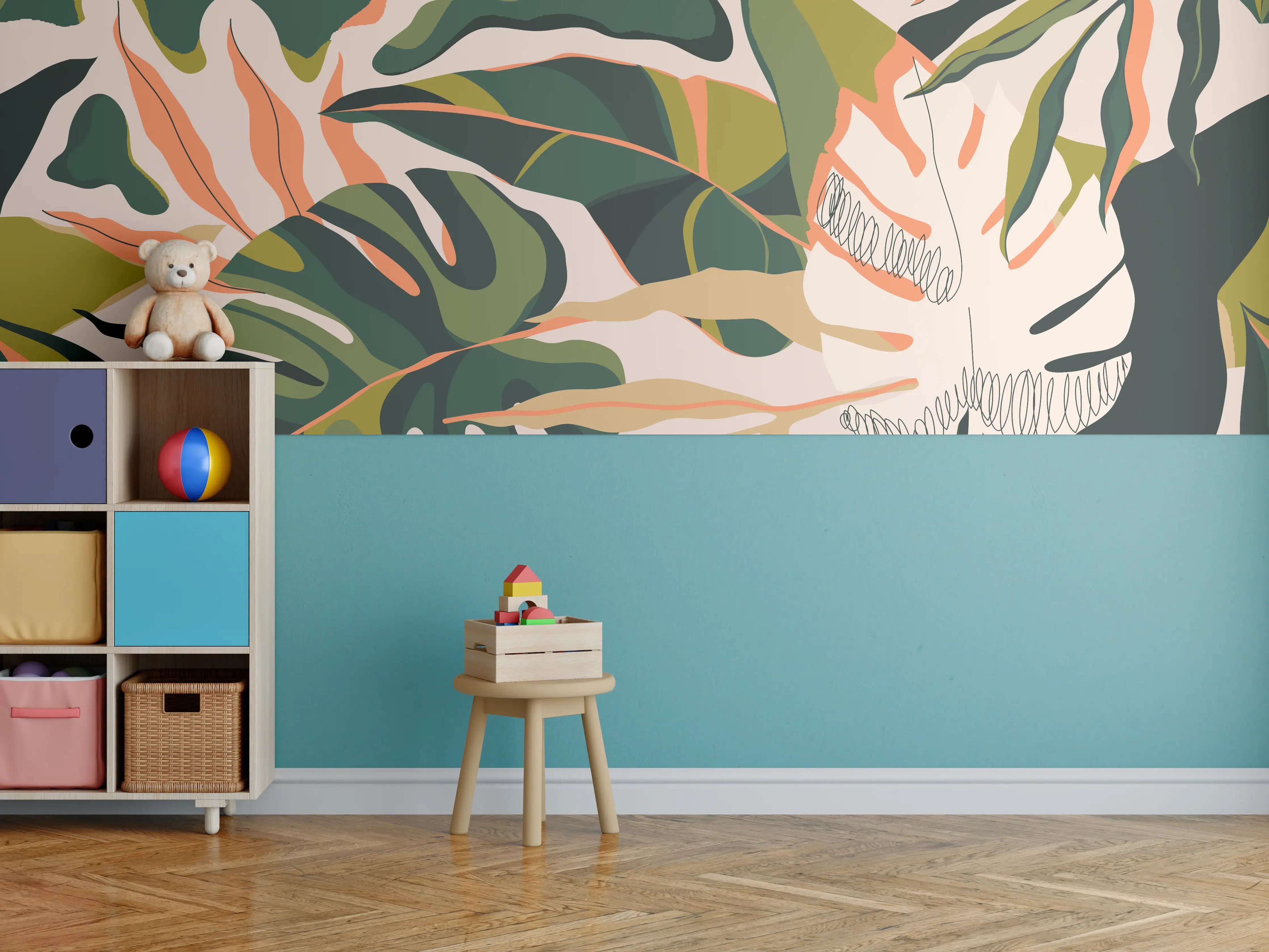 Kinderzimmer Wandgestaltung - Abstrakte Blattmuster in Erdtönen