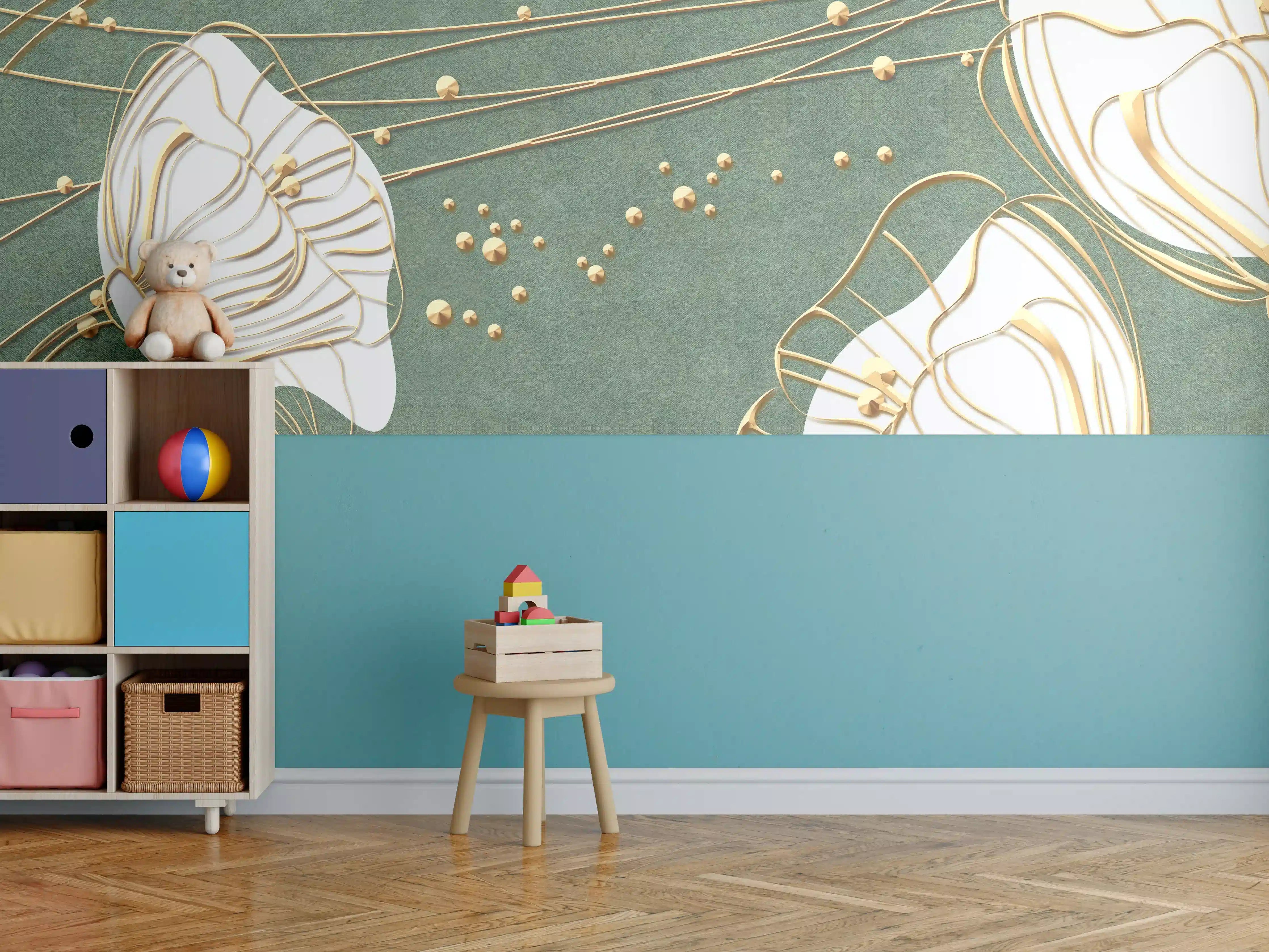 Kinderzimmer Wandgestaltung - Abstrakte Blumen Beige Grün