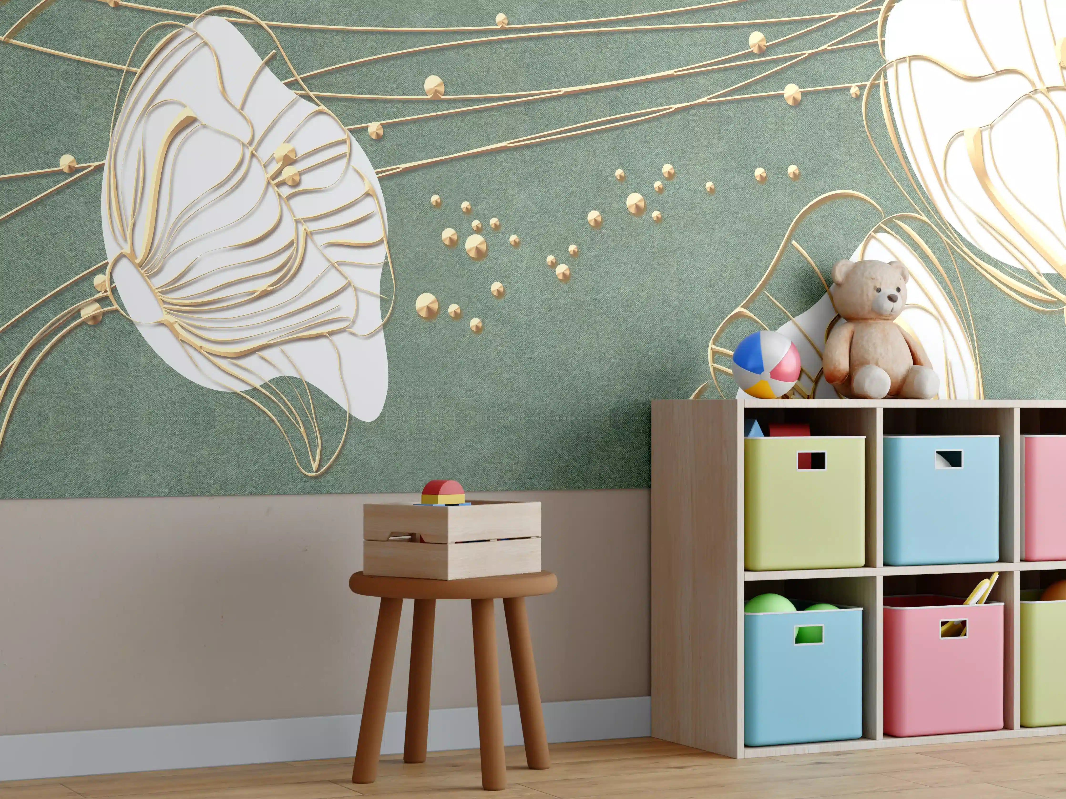 Kinderzimmer Wandgestaltung - Abstrakte Blumen Beige Grün