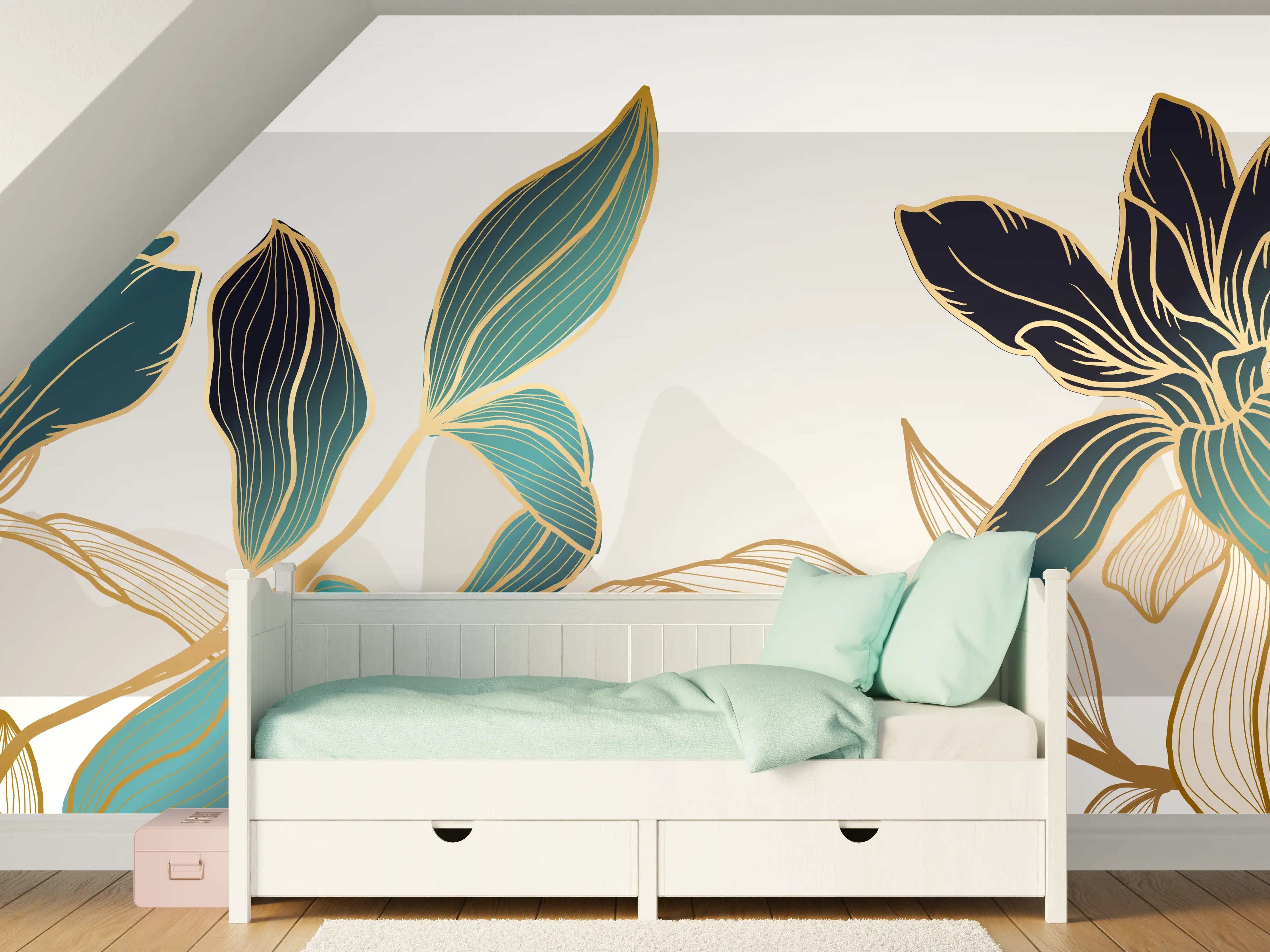 Kinderzimmer Wandgestaltung - Abstrakte Blumen Gold-Blau Illustration