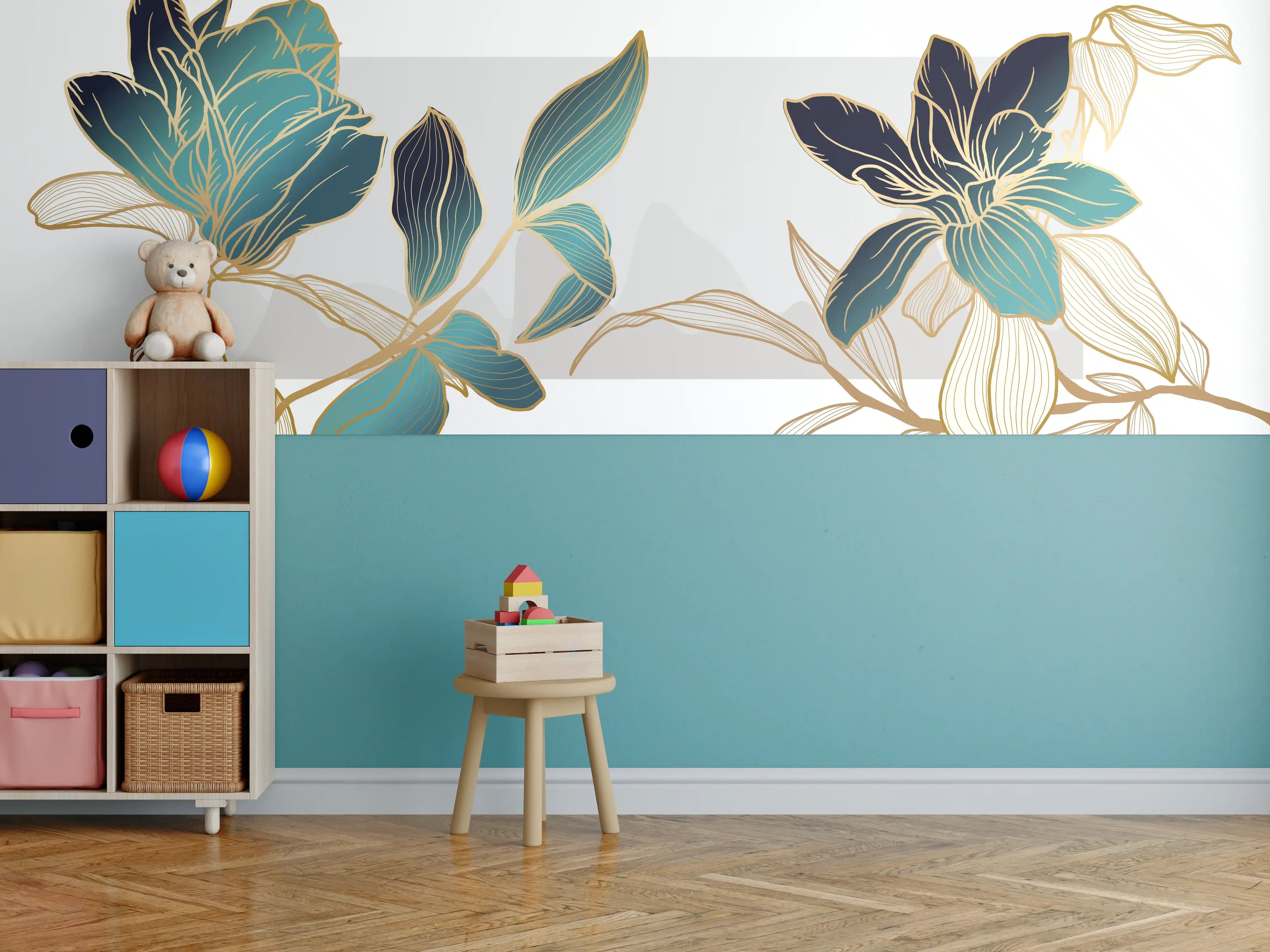 Kinderzimmer Wandgestaltung - Abstrakte Blumen Gold-Blau Illustration