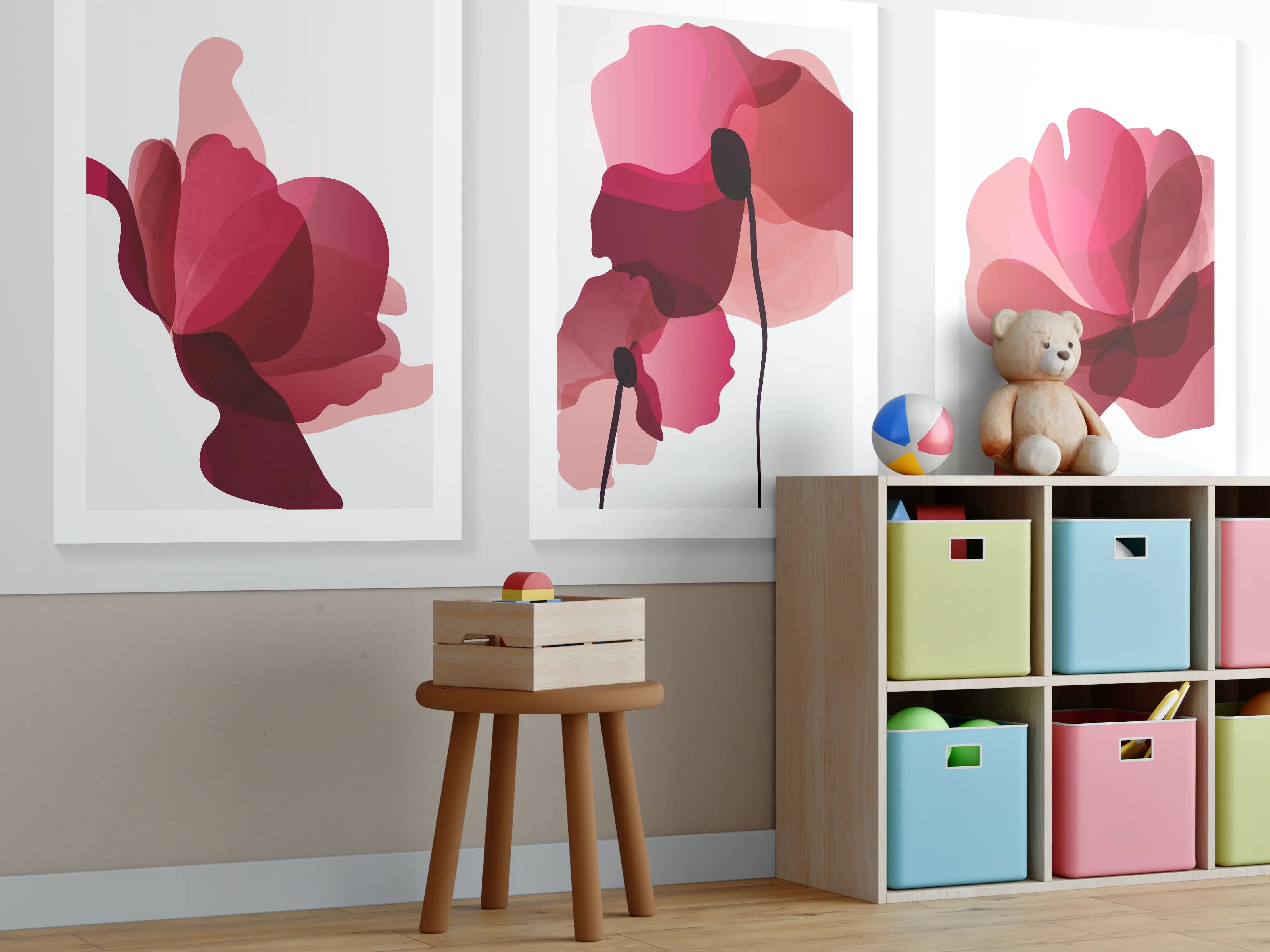 Kinderzimmer Wandgestaltung - Abstrakte Blumen Triptychon Rot