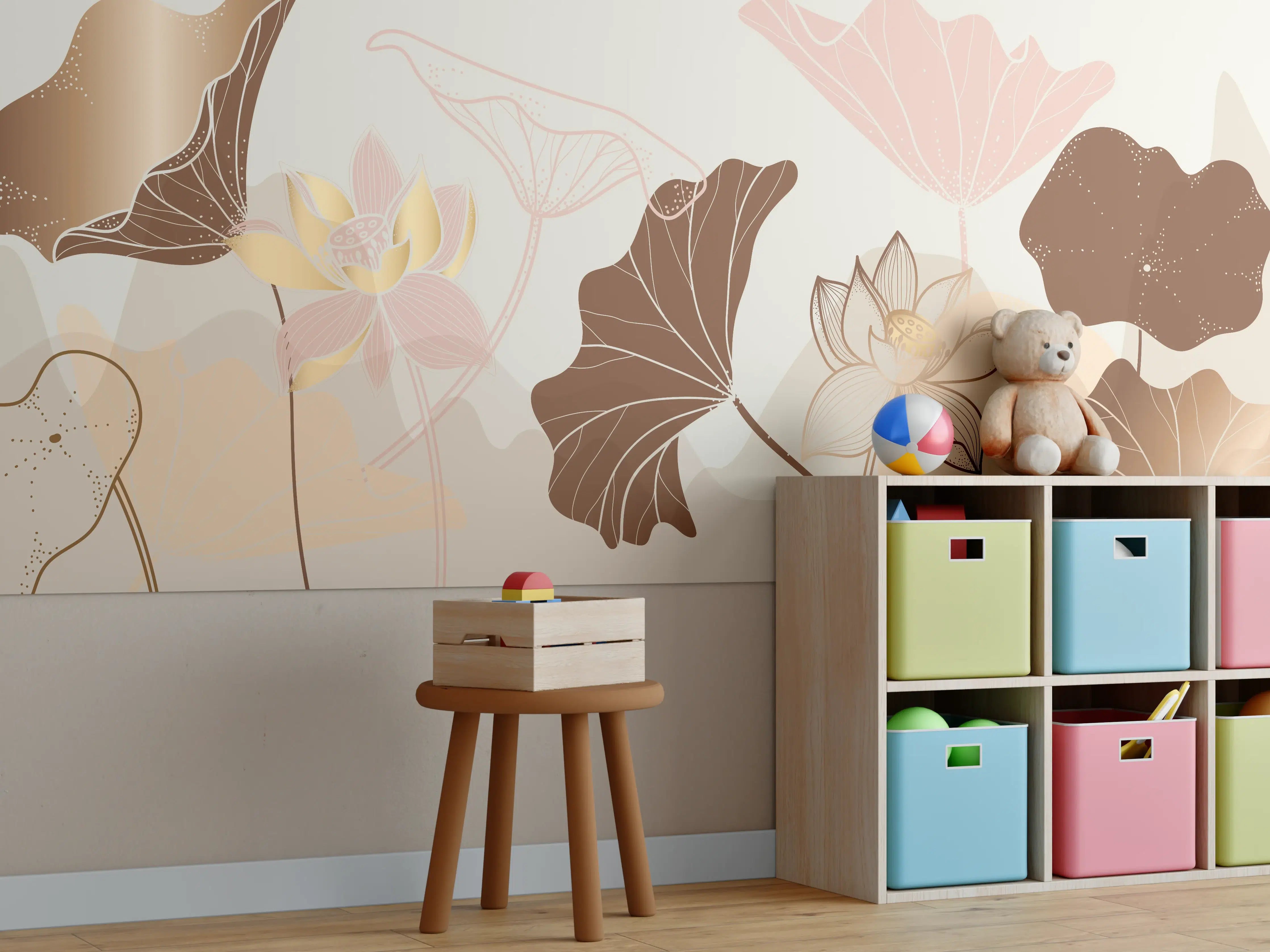 Kinderzimmer Wandgestaltung - Abstrakte Blumen Zeichnung Beige