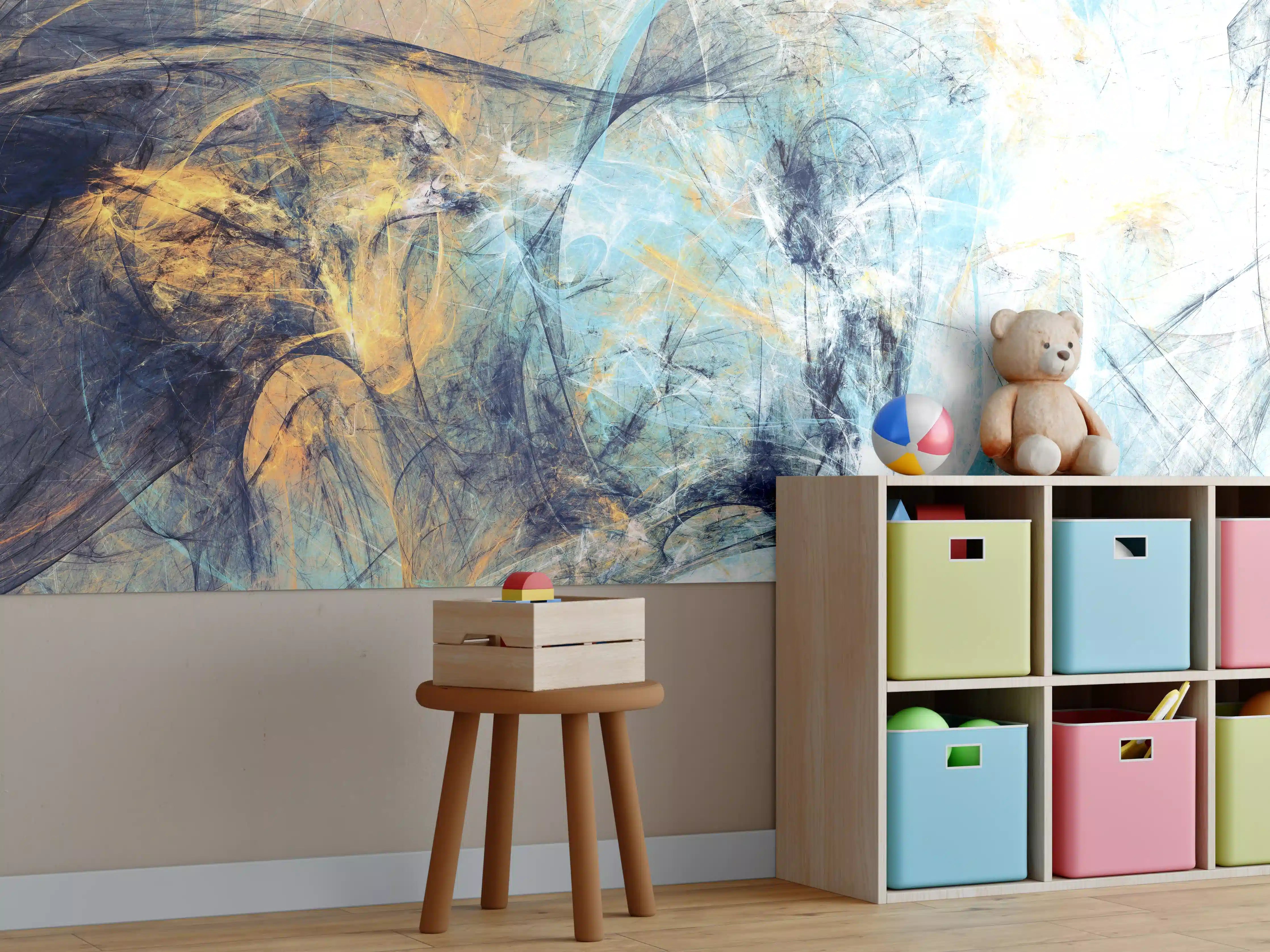 Kinderzimmer Wandgestaltung - Abstrakte Farbexplosion in Blau, Grau und Beigetönen