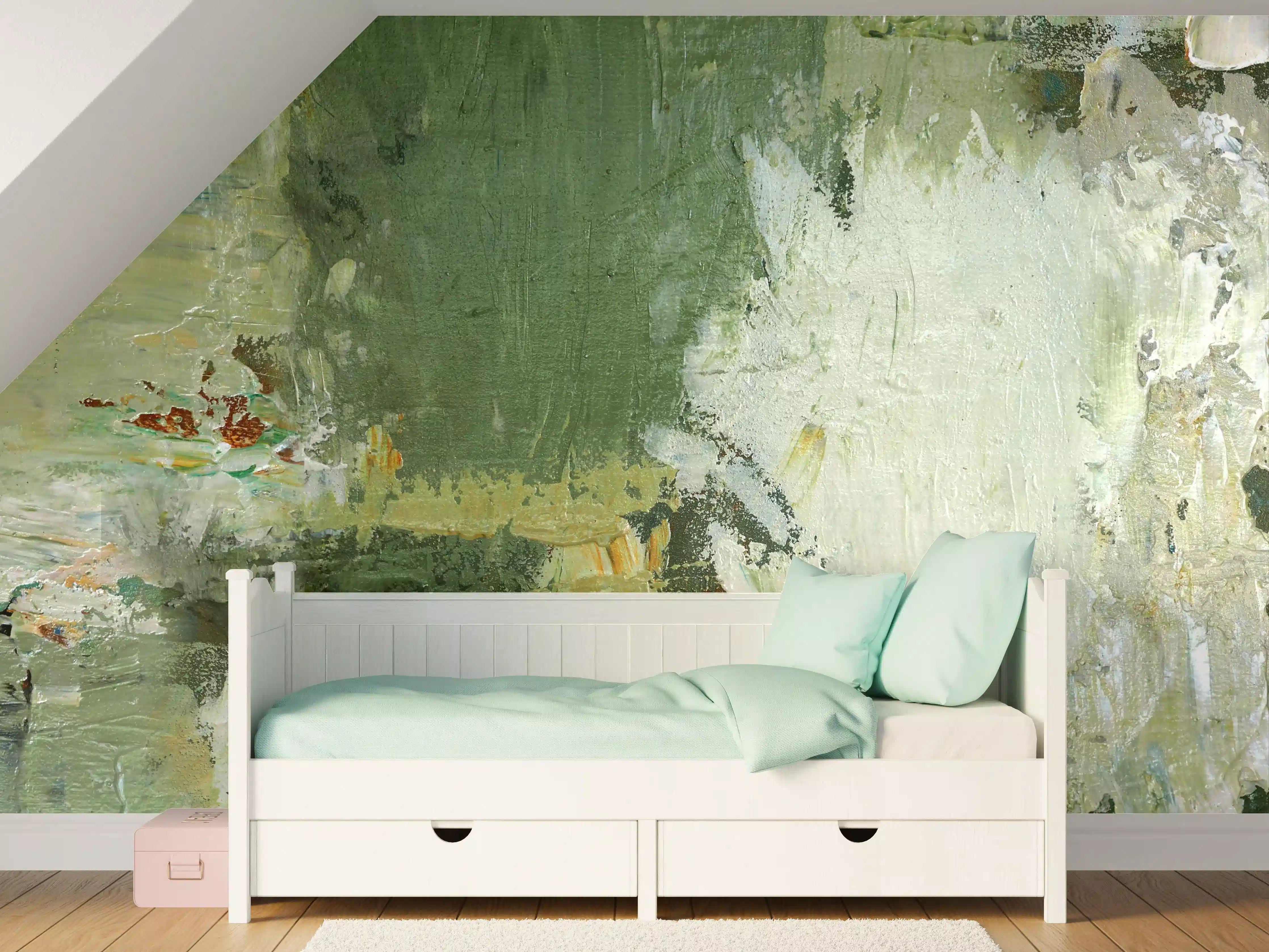 Kinderzimmer Wandgestaltung - Abstrakte Farbexplosion in Grün und Beige