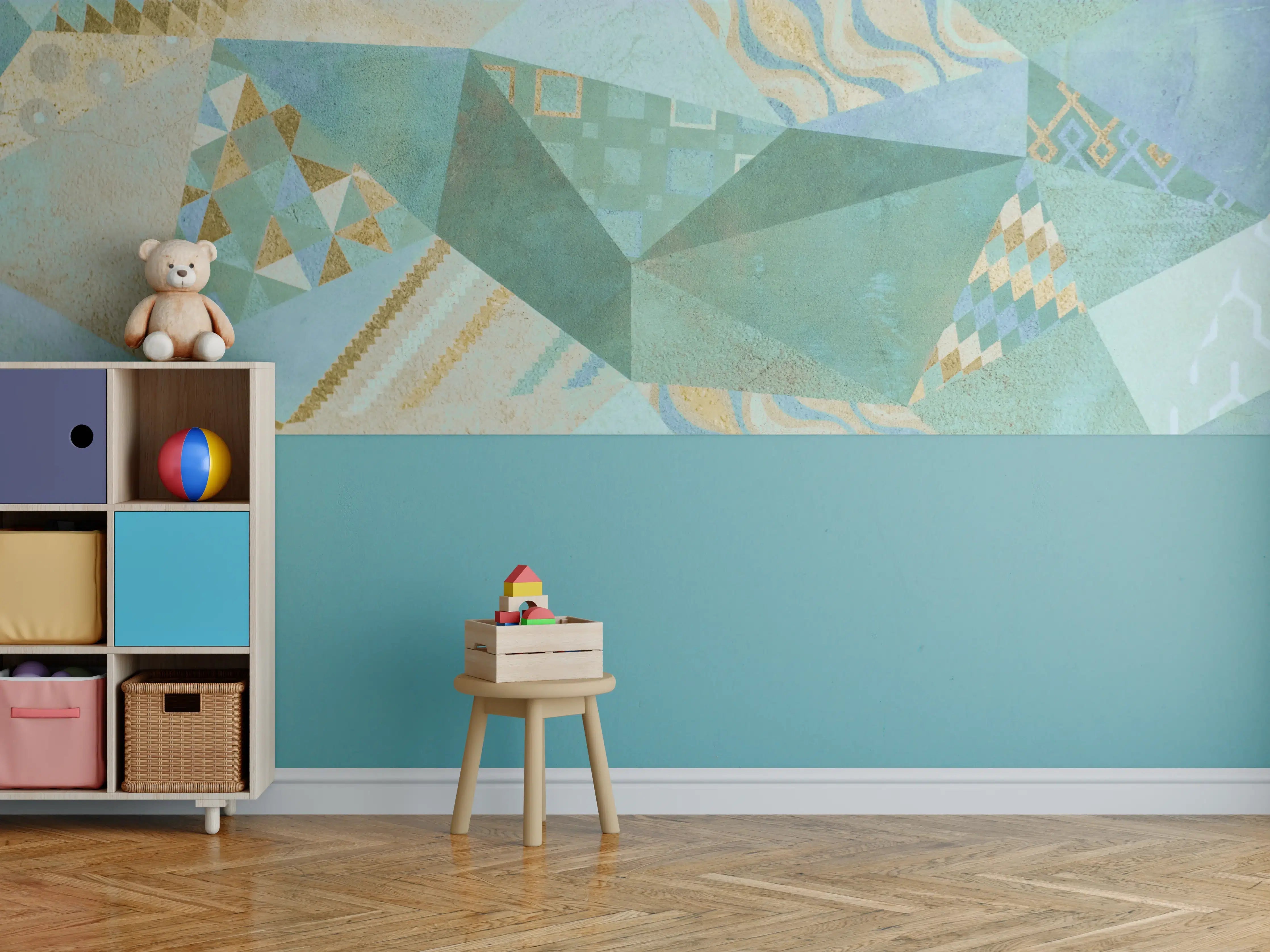 Kinderzimmer Wandgestaltung - Abstrakte Geometrie in sanften Blau- und Grüntönen