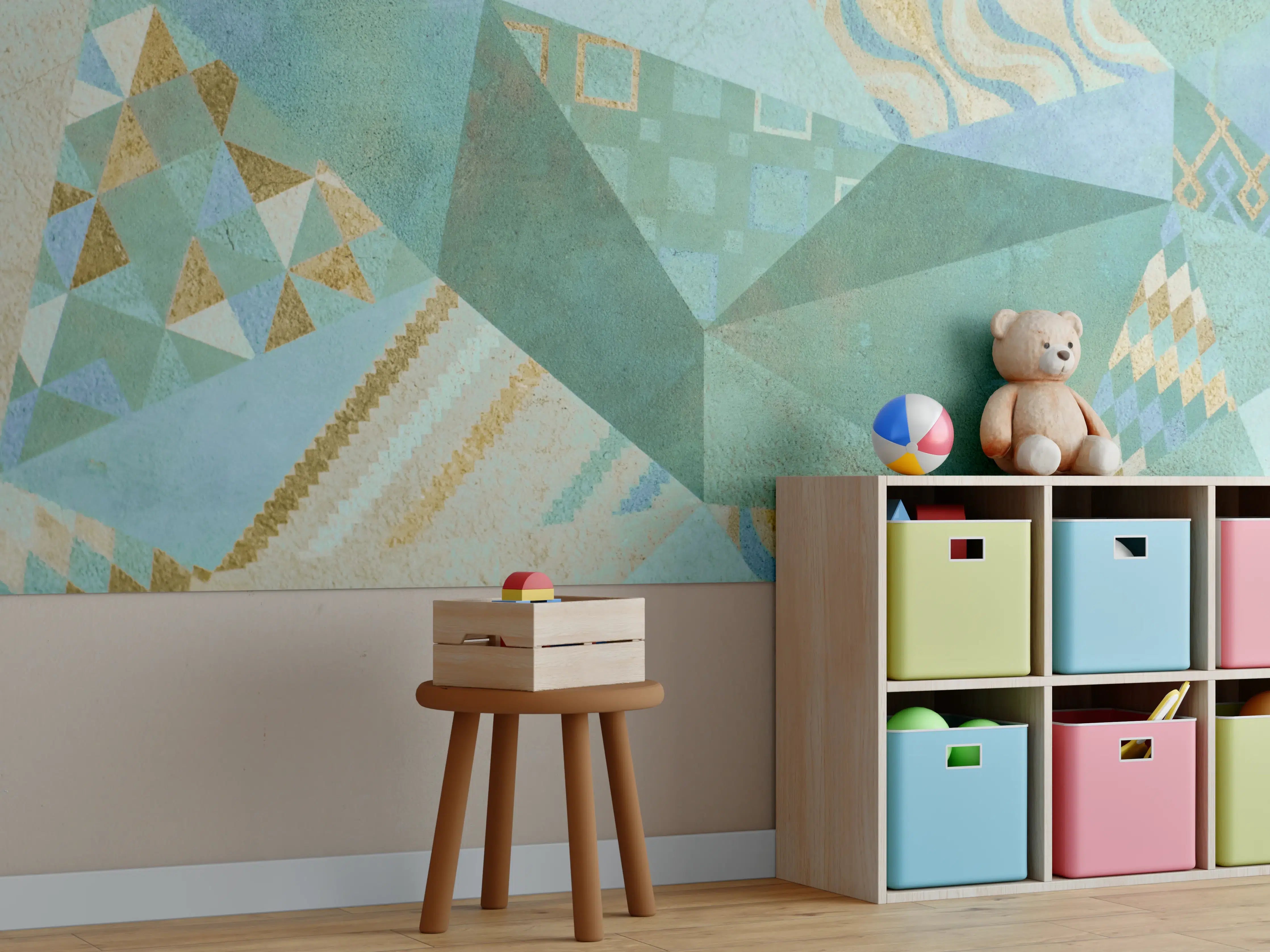 Kinderzimmer Wandgestaltung - Abstrakte Geometrie in sanften Blau- und Grüntönen