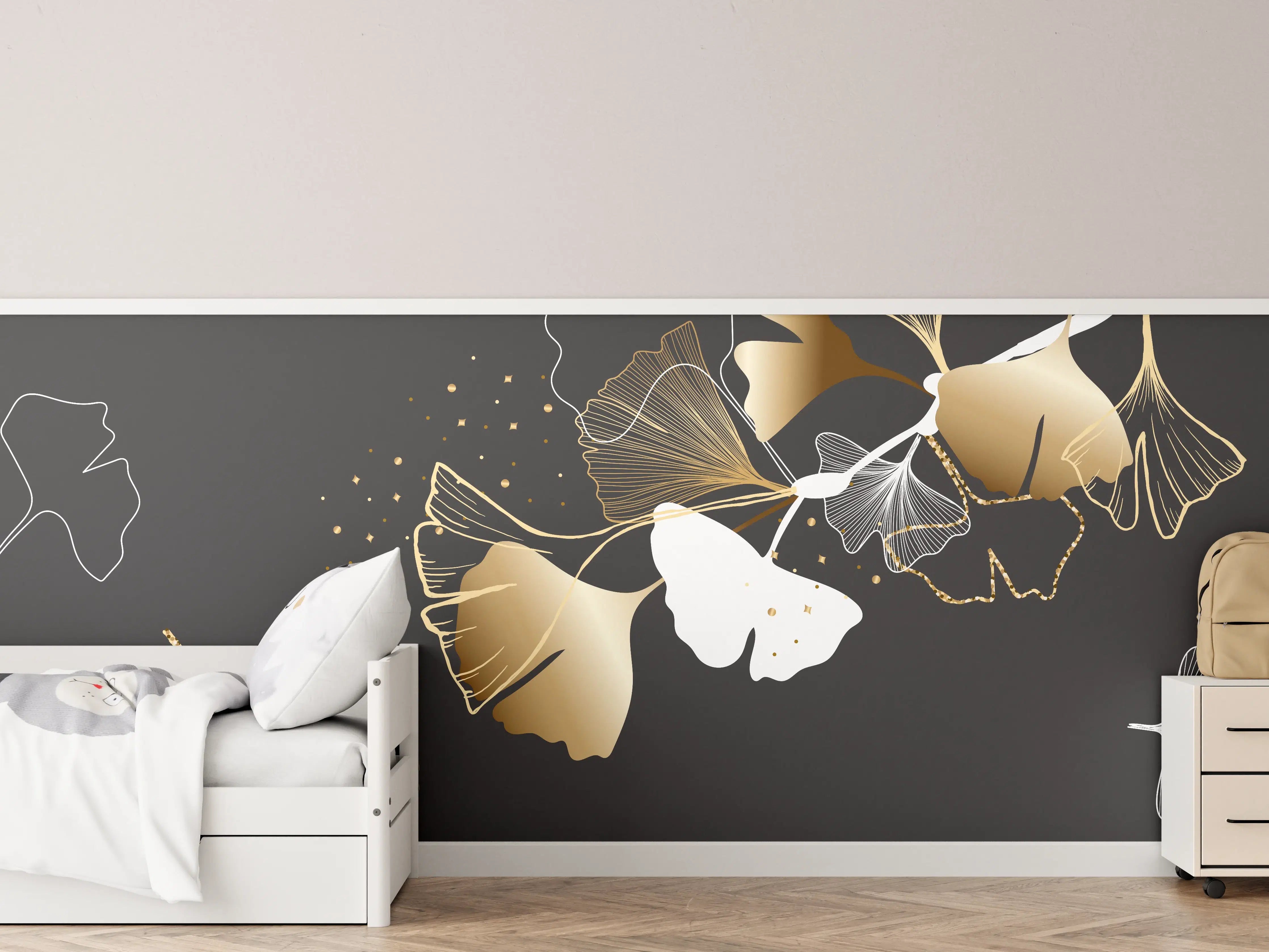 Kinderzimmer Wandgestaltung - Abstrakte Ginkgo Muster Gold Schwarz