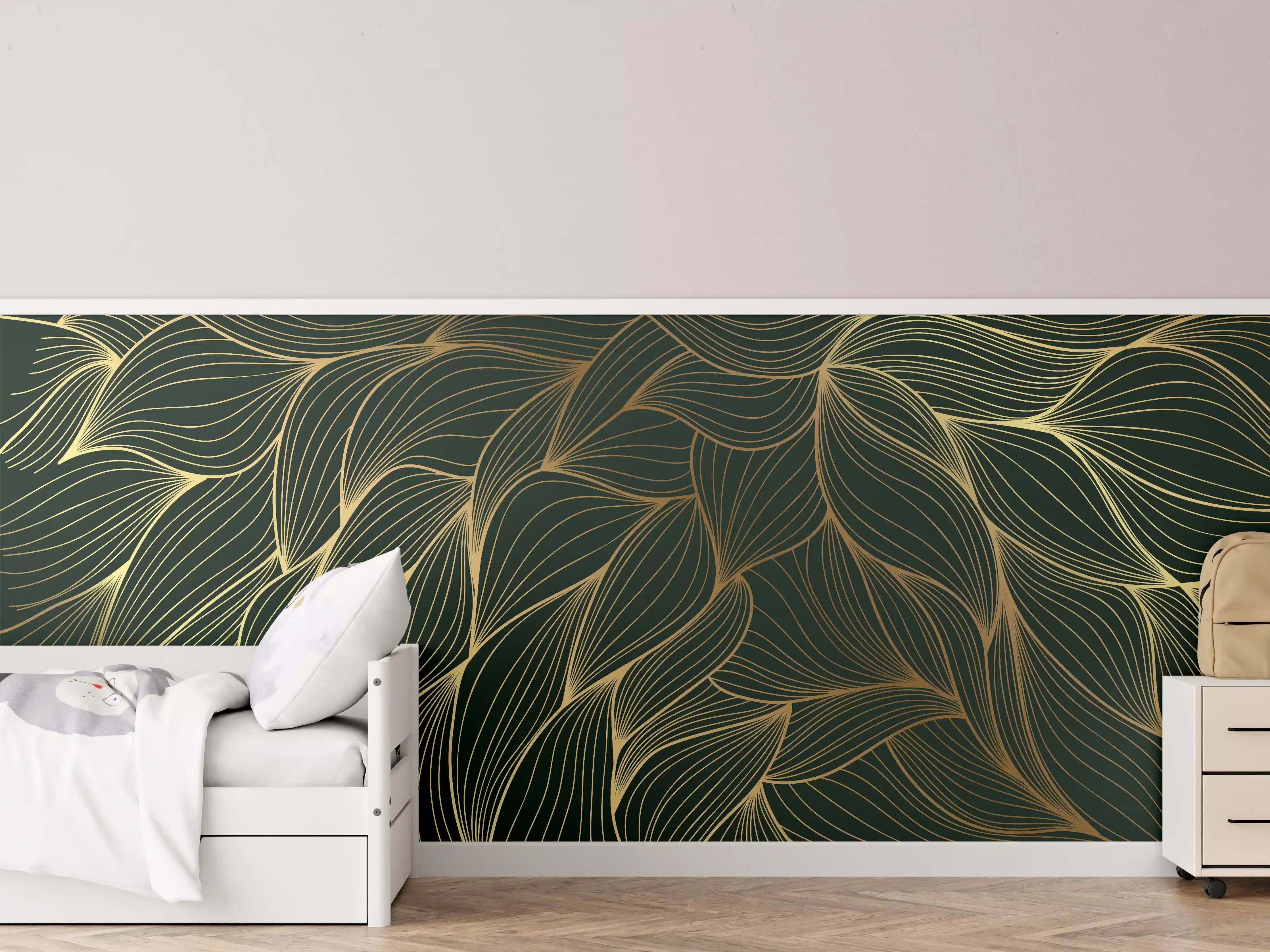 Kinderzimmer Wandgestaltung - Abstrakte Gold-Grün-Wellenmuster