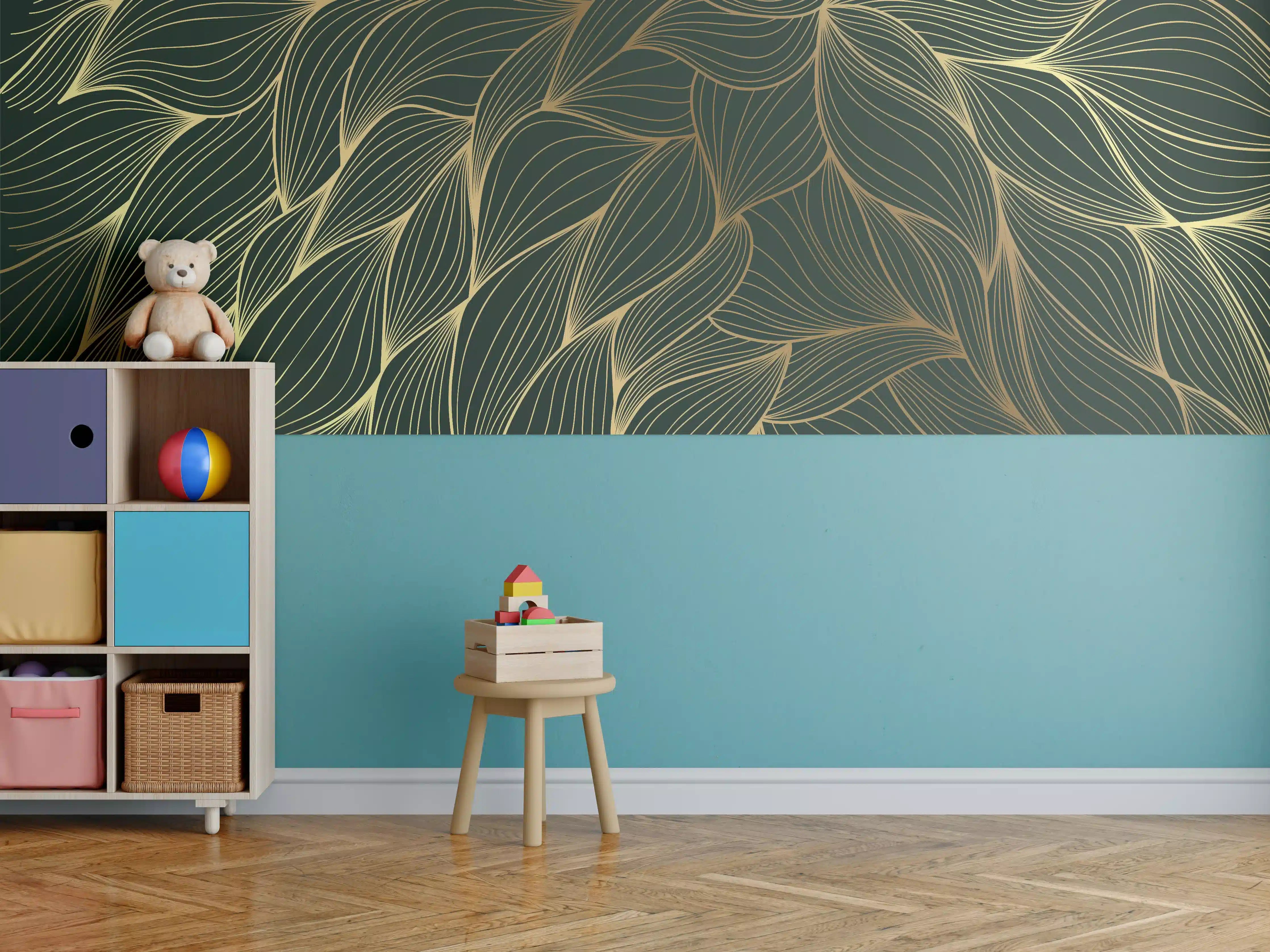 Kinderzimmer Wandgestaltung - Abstrakte Gold-Grün-Wellenmuster