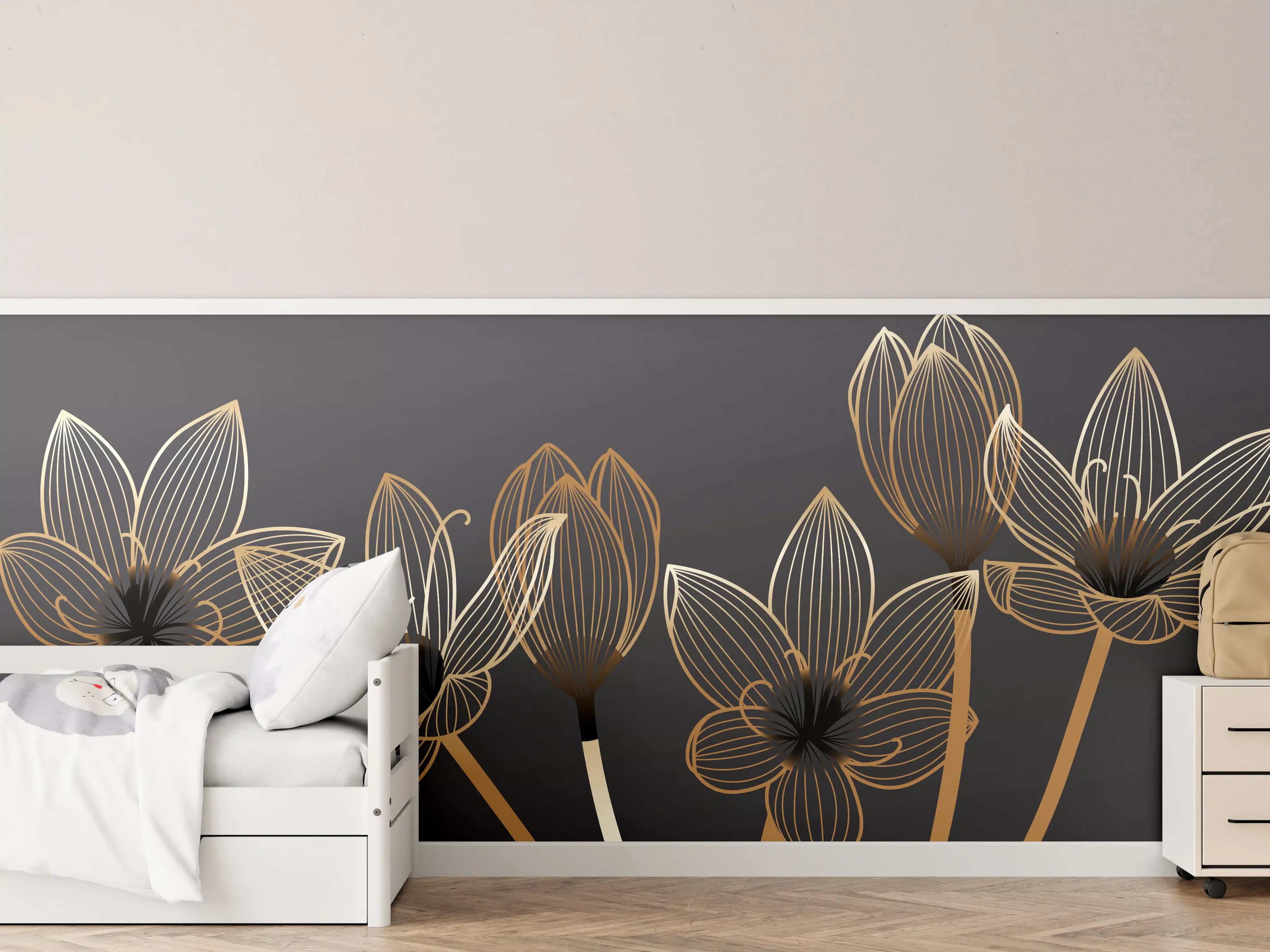 Kinderzimmer Wandgestaltung - Abstrakte Gold-Schwarz Blumen Linienart