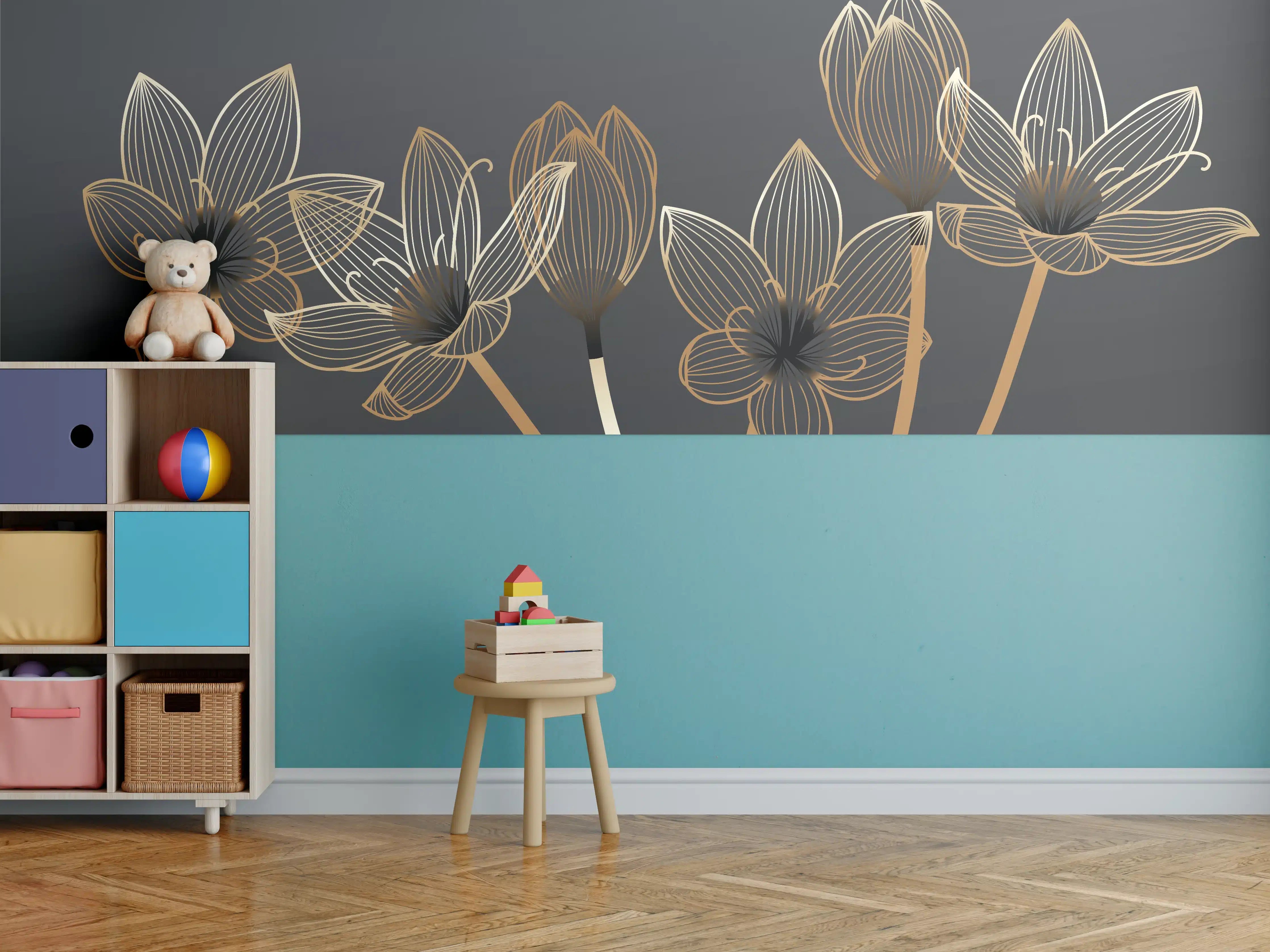 Kinderzimmer Wandgestaltung - Abstrakte Gold-Schwarz Blumen Linienart